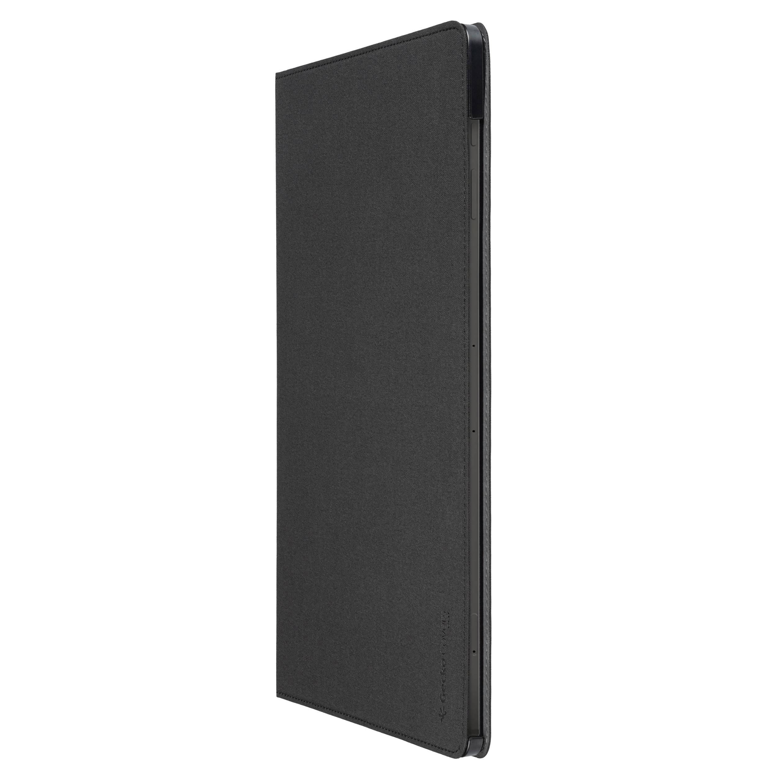 Una custodia nera per tablet, vista di lato, che mostra una superficie strutturata.