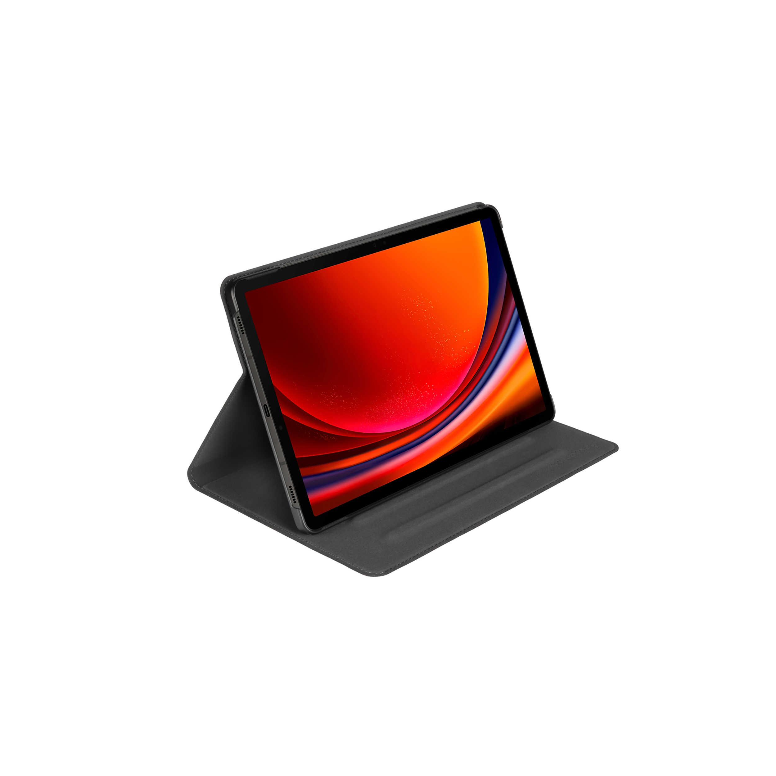Tablet in una custodia nera, aperto per mostrare uno schermo con uno sfondo astratto e colorato.
