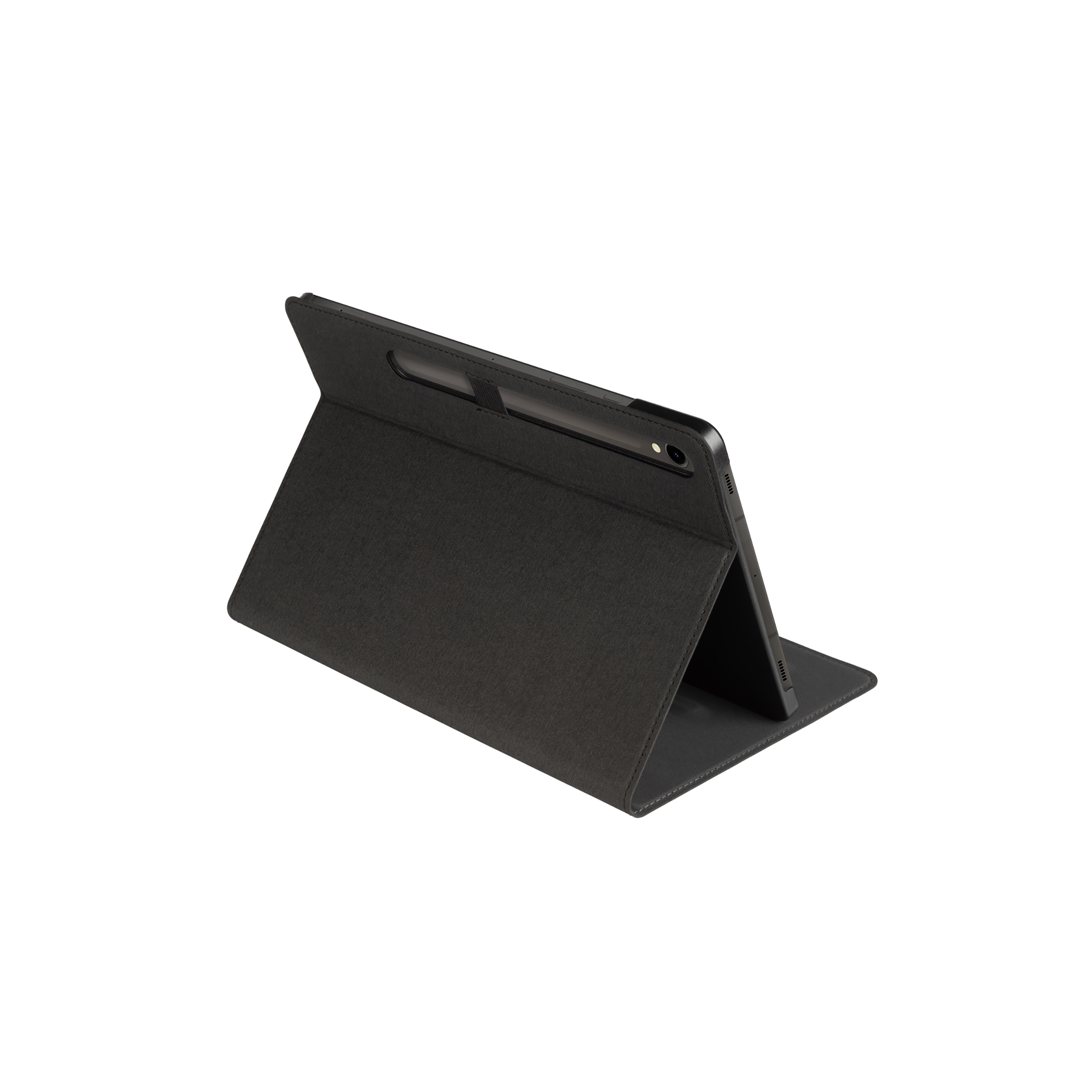 Una custodia per tablet nera con funzione di supporto. Il tablet è nero ed è parzialmente all'interno.