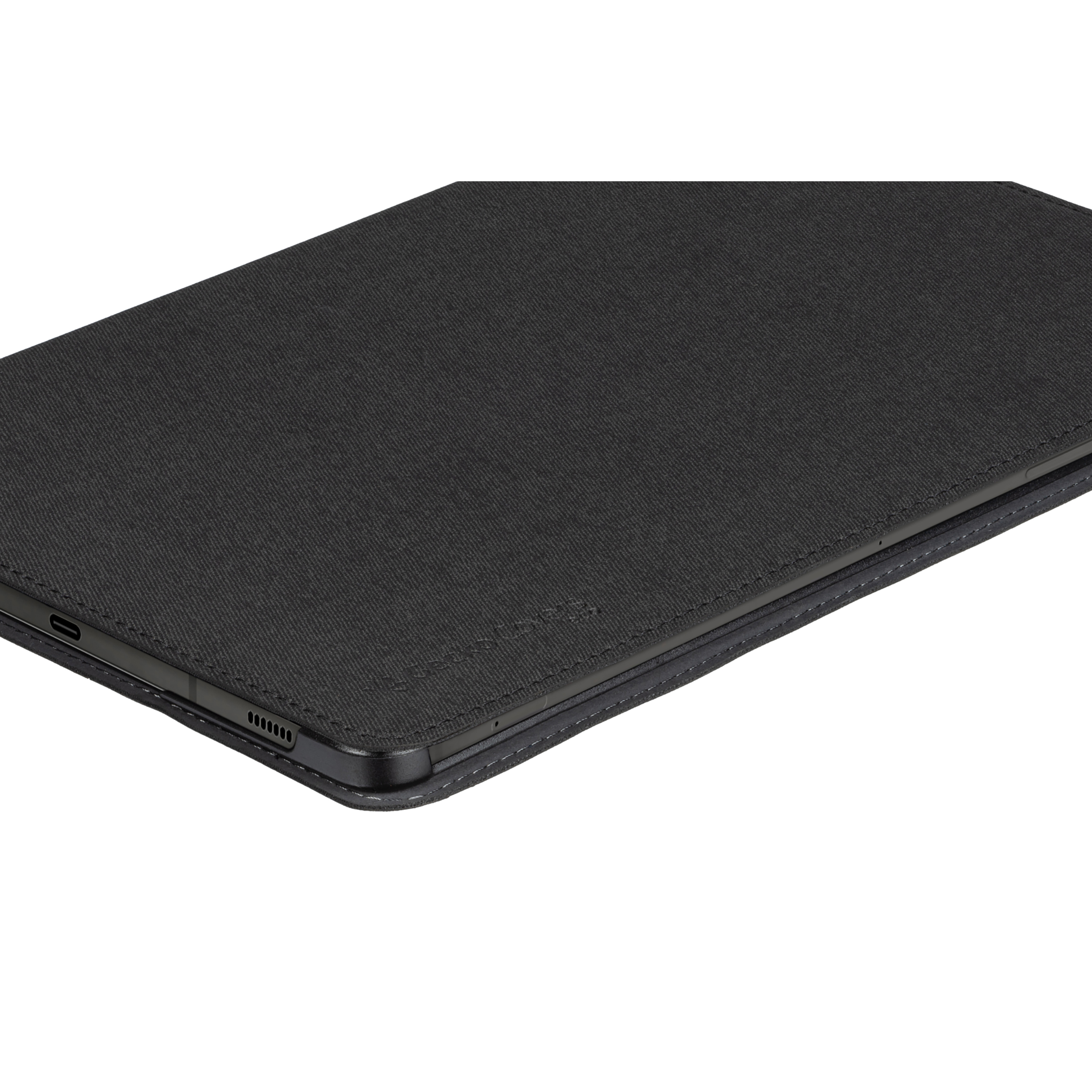 Un tablet nero in una custodia nera, con una trama in tessuto grigio scuro. Il bordo del tablet è visibile.