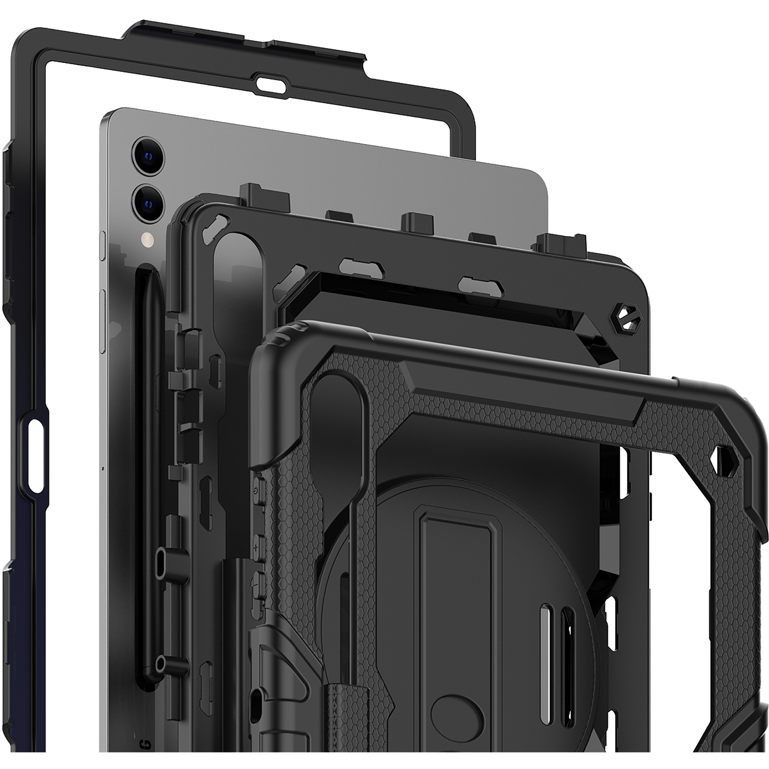 Ein Tablet mit Schutzhülle, das die geschichteten Komponenten zeigt, schwarz und silber.