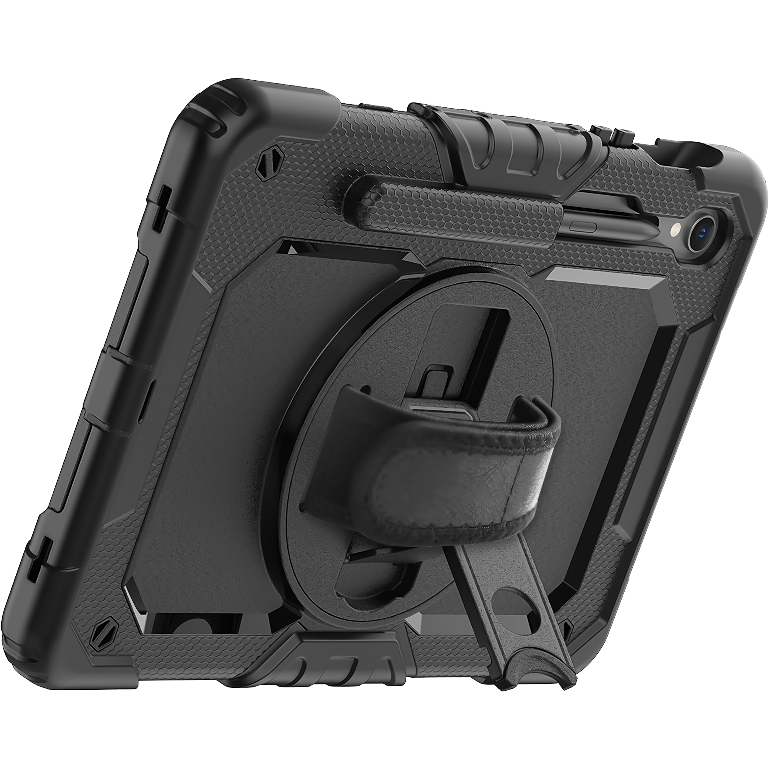 Schwarze Schutzhülle für Tablet, mit drehbarem Handriemen und Ständer. Schwarzer Hintergrund.