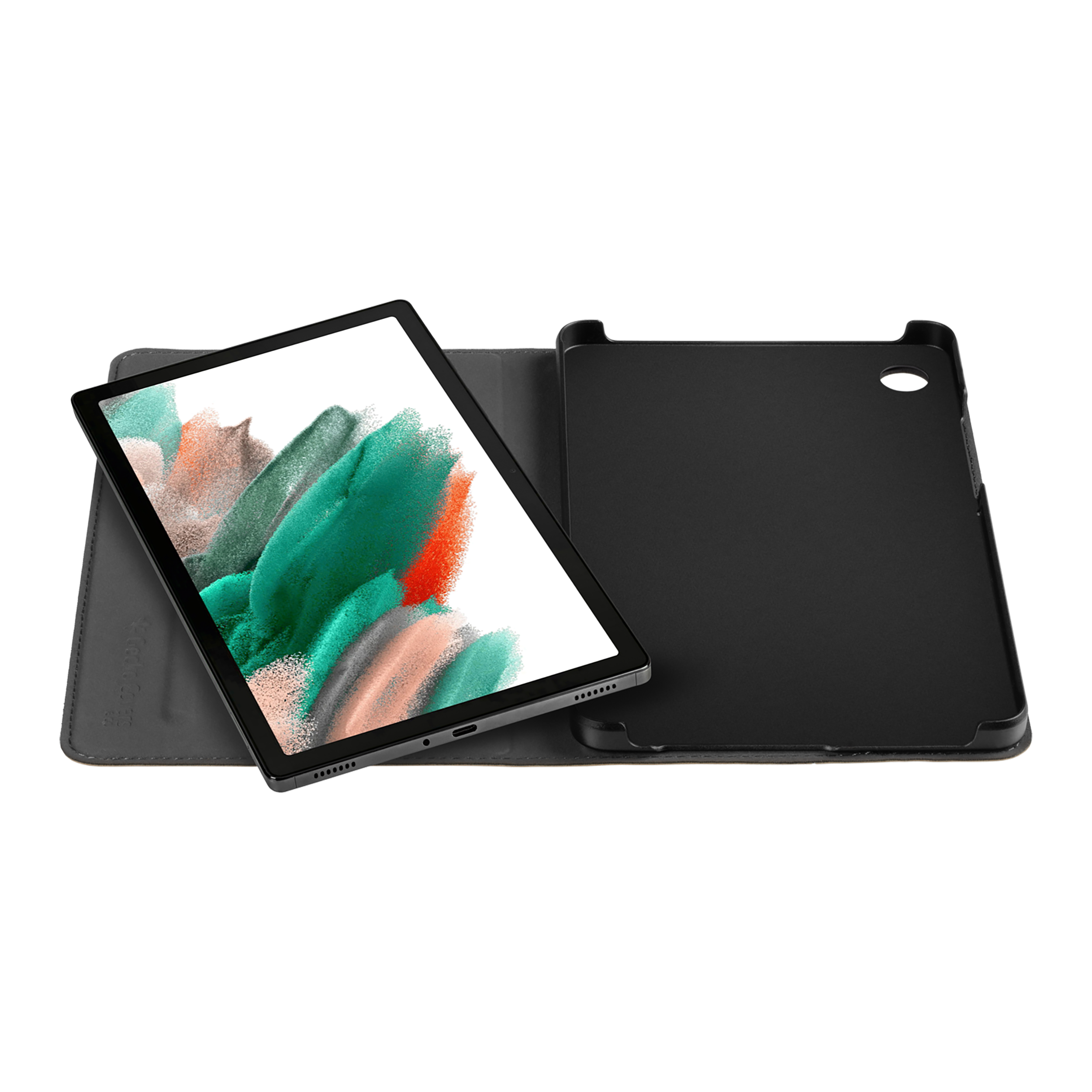 Tablet in custodia, con schermo che mostra un design colorato, su sfondo scuro.