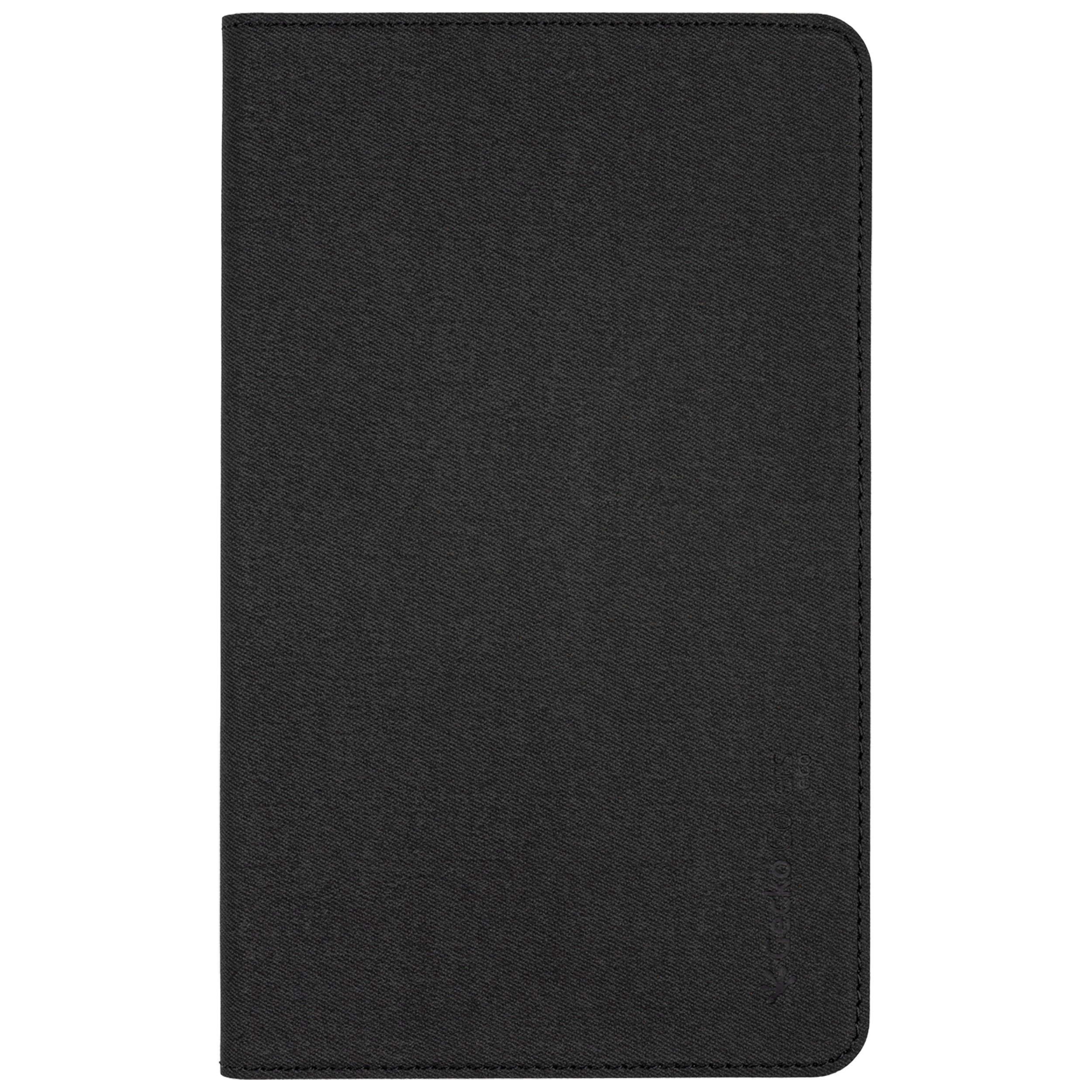 Una custodia nera chiusa per notebook o tablet su sfondo nero.