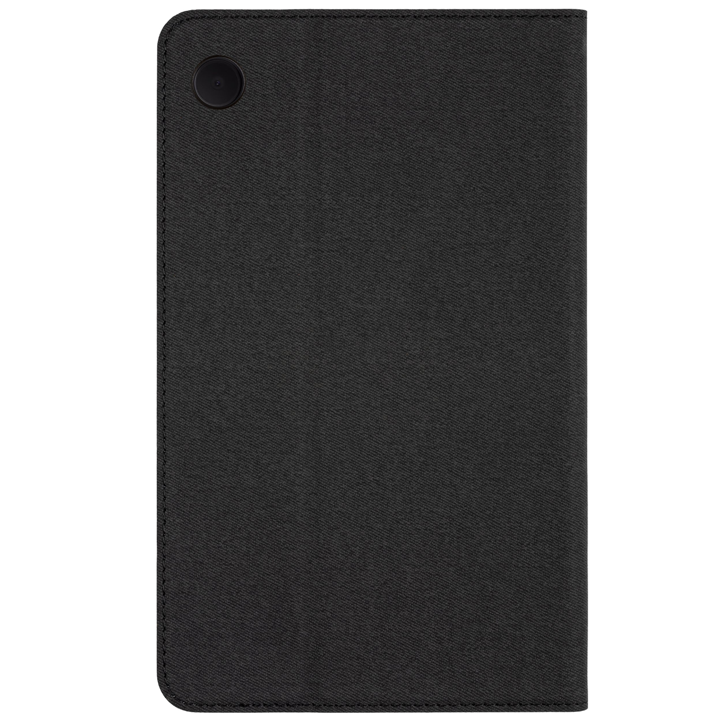 Una custodia per tablet nera, chiusa. Un obiettivo della fotocamera è visibile in alto. La custodia ha una superficie strutturata.