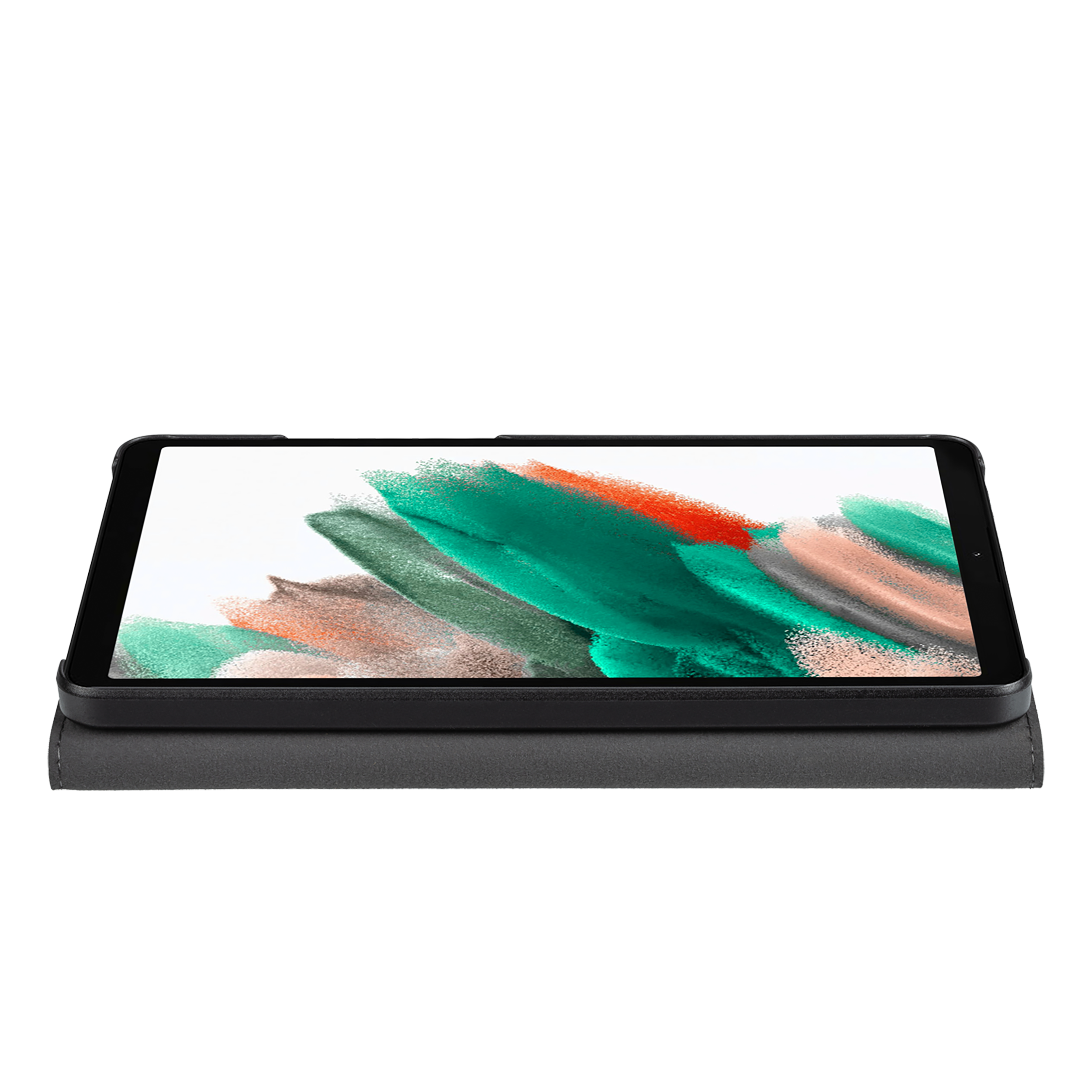 Un tablet su sfondo scuro. Lo schermo mostra un design astratto in verde, marrone e bianco.