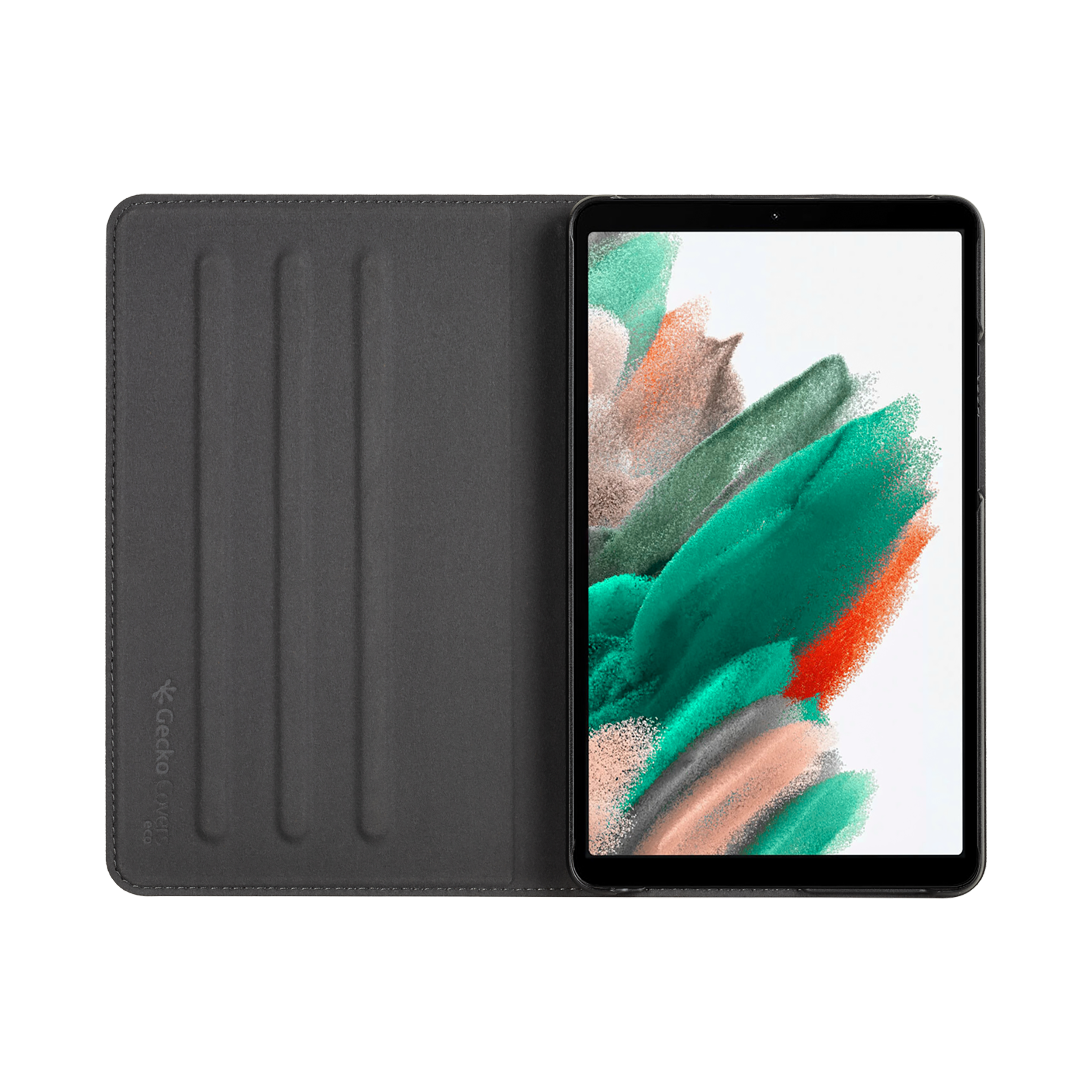Tablet in una cover grigia, aperto per mostrare lo schermo. Lo schermo mostra un design astratto con verde e arancione.