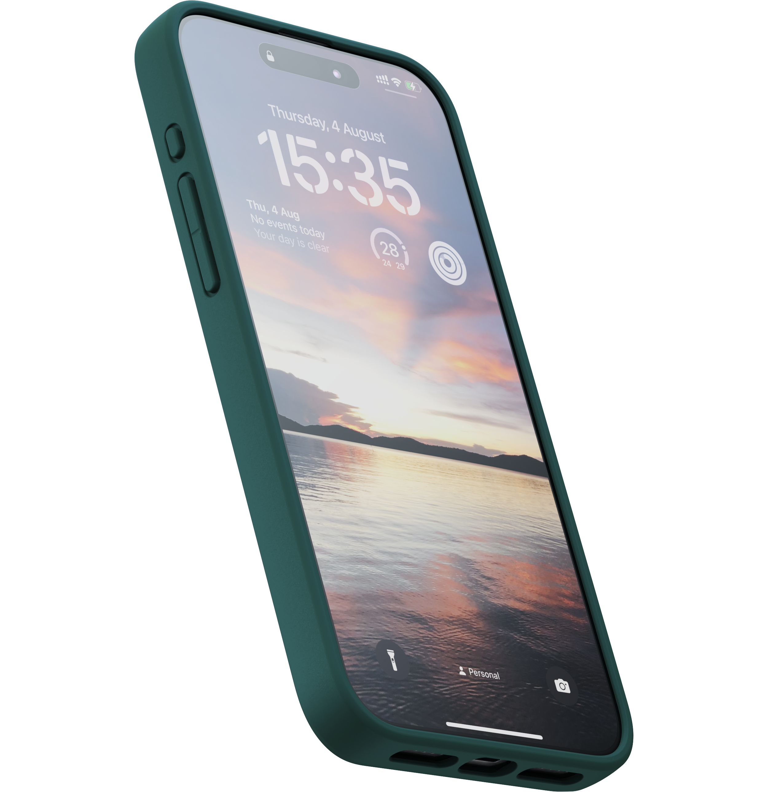 Grünes Telefon in einer Hülle, zeigt eine See-Landschaft auf dem Bildschirm.