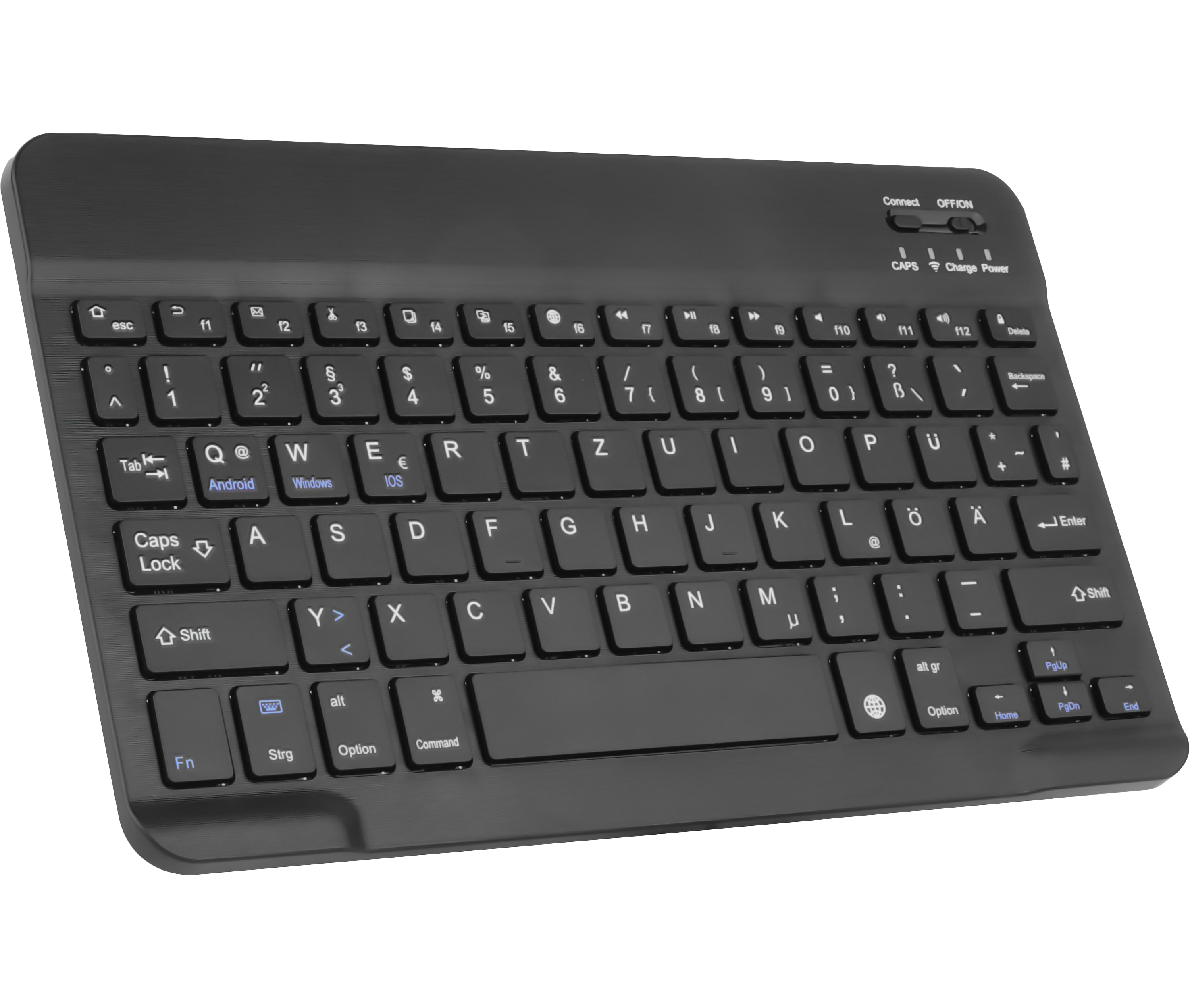 Schwarze Tastatur mit weißen Tasten, die ein Standardlayout zeigt, isoliert auf schwarzem Hintergrund.