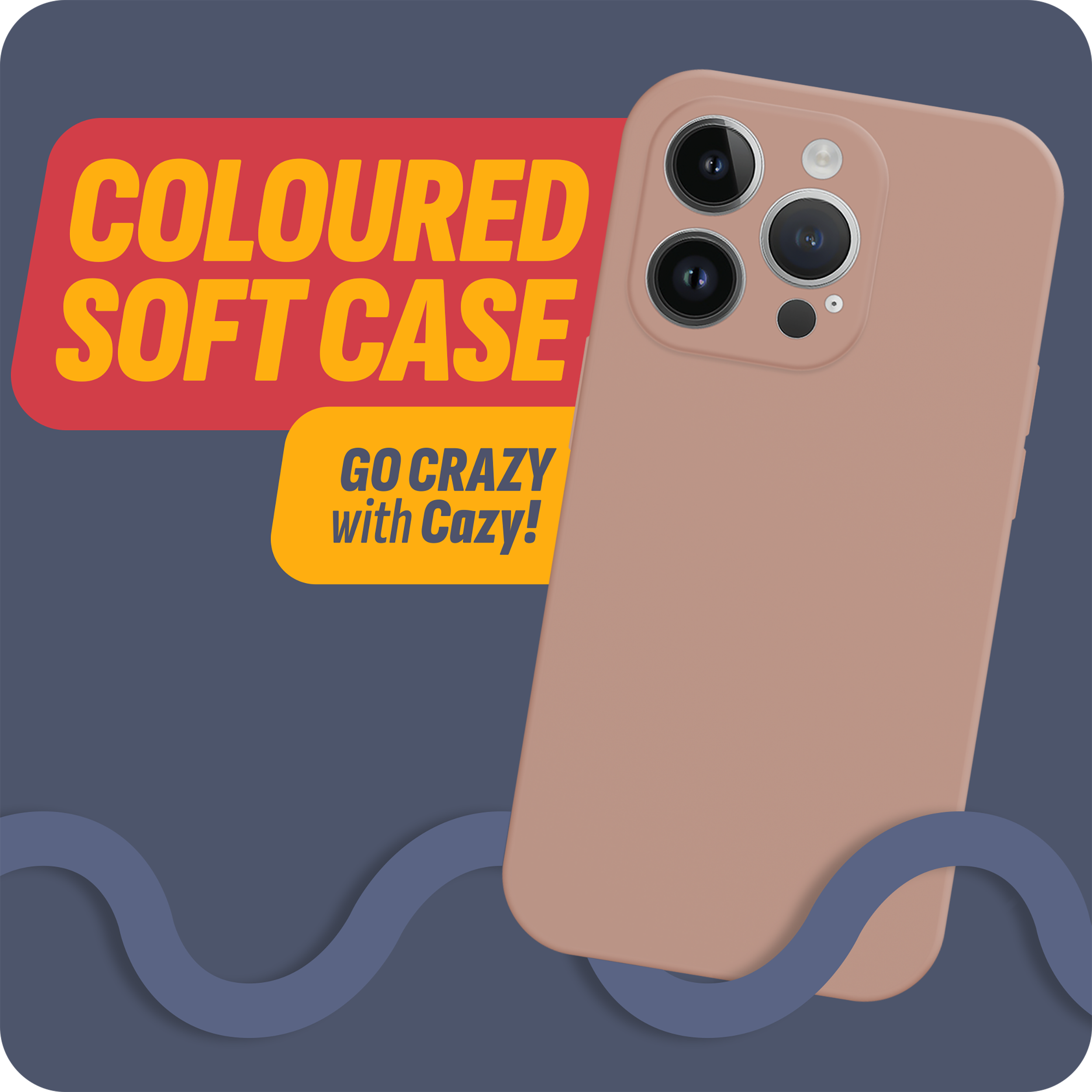 Pfirsichfarbene Handyhülle mit drei Kameras, vor dunkelblauem Hintergrund. Text: Coloured Soft Case.