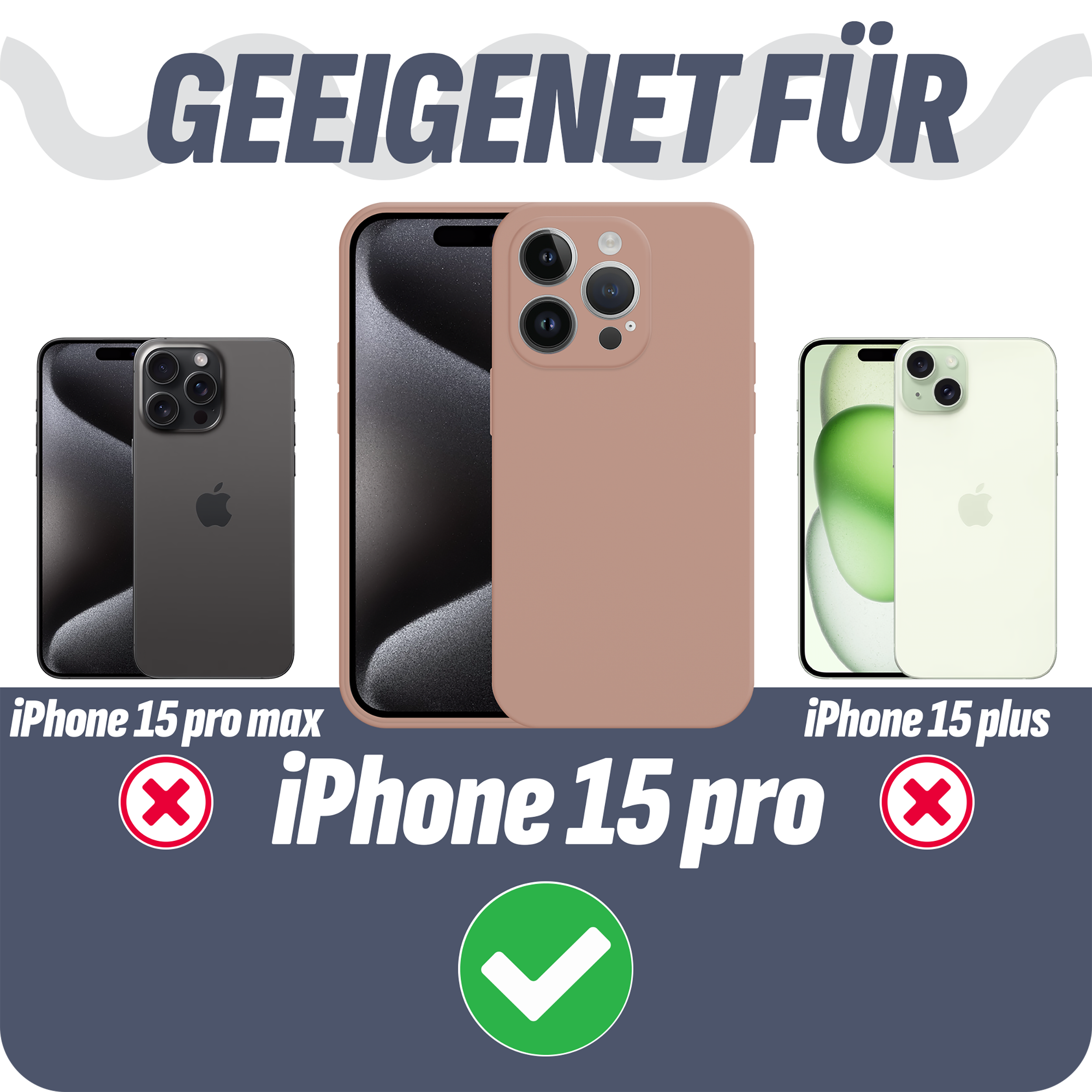 Bild zeigt drei iPhone-Modelle und Hüllen. iPhone 15 Pro mit Hülle gezeigt.