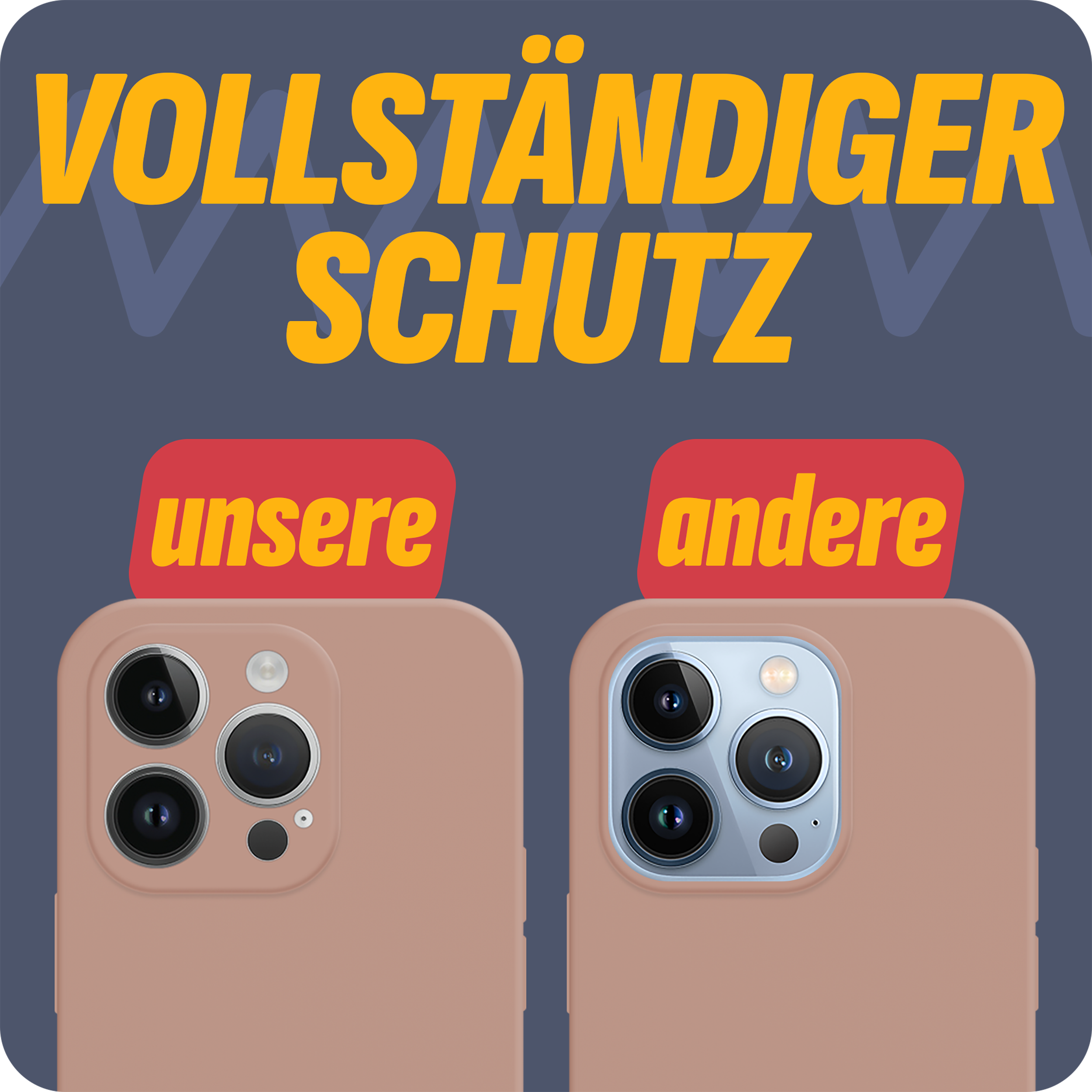 Zwei Telefonhüllen nebeneinander. Eine hat eine rosa Hülle, die andere eine braune Hülle. Text darüber.