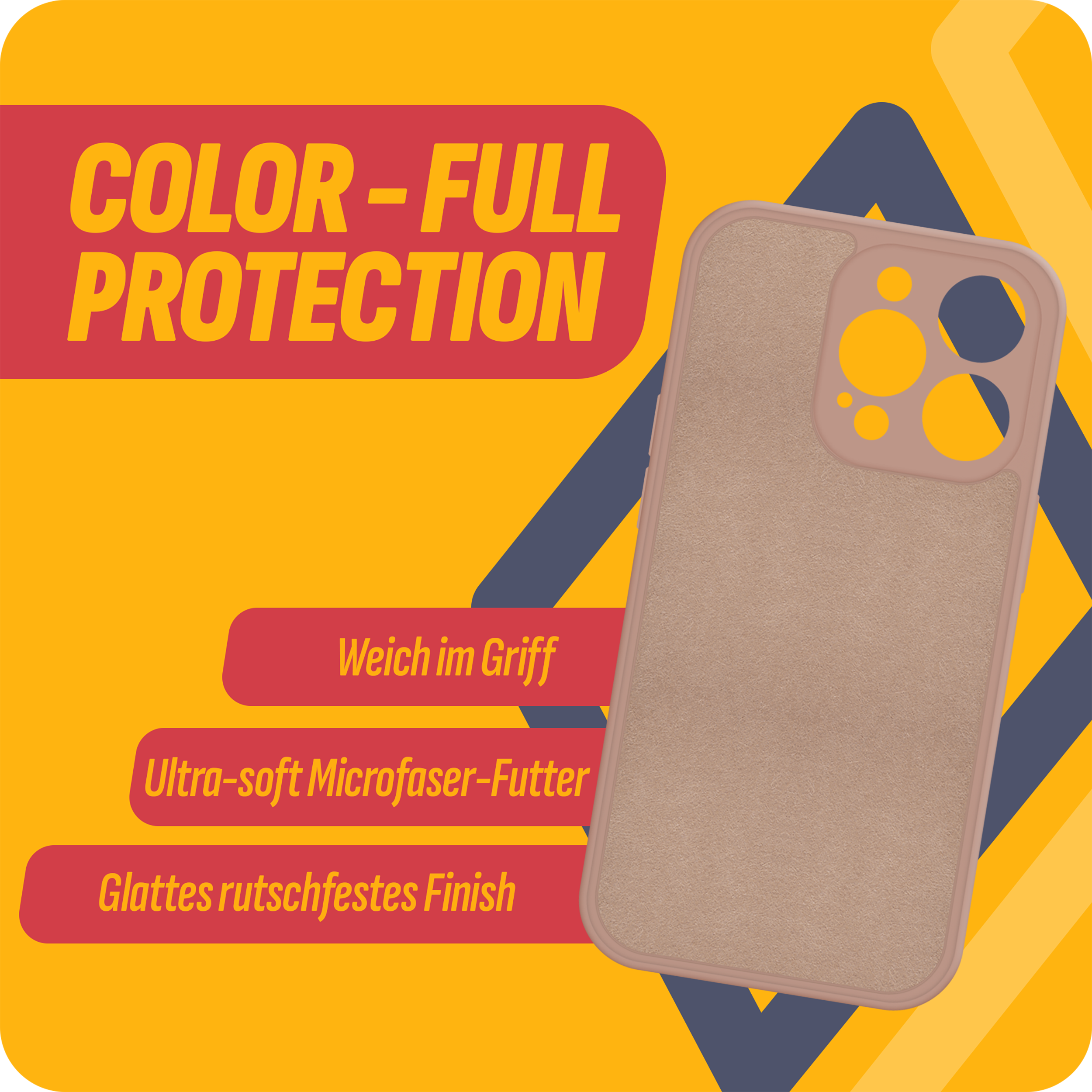 Handyhülle mit Text: COLOR-FULL PROTECTION. Hülle ist braun mit Text.