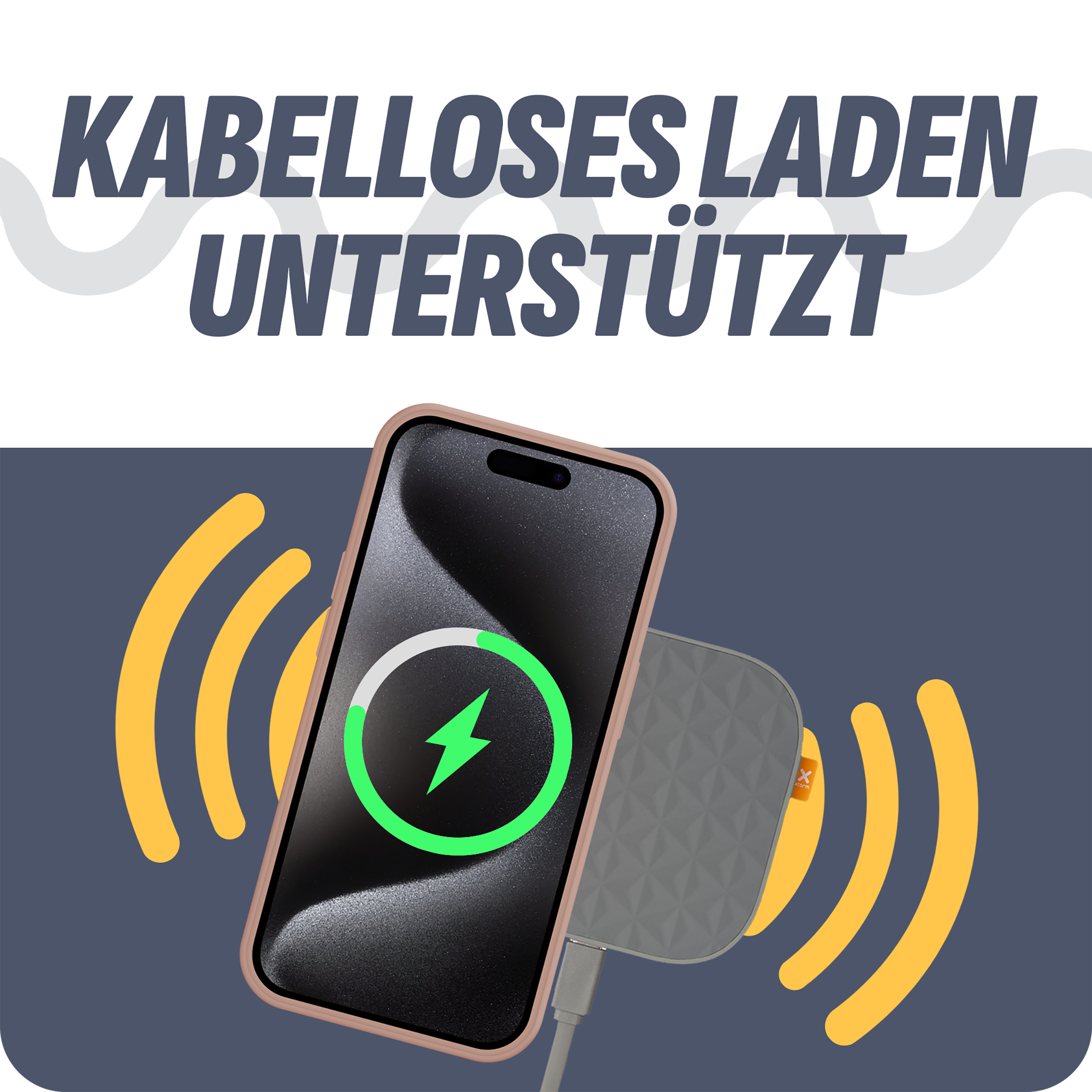 Telefon auf einem Ladegerät mit grünem Blitzsymbol. Gelbe Linien zeigen das Signal an.