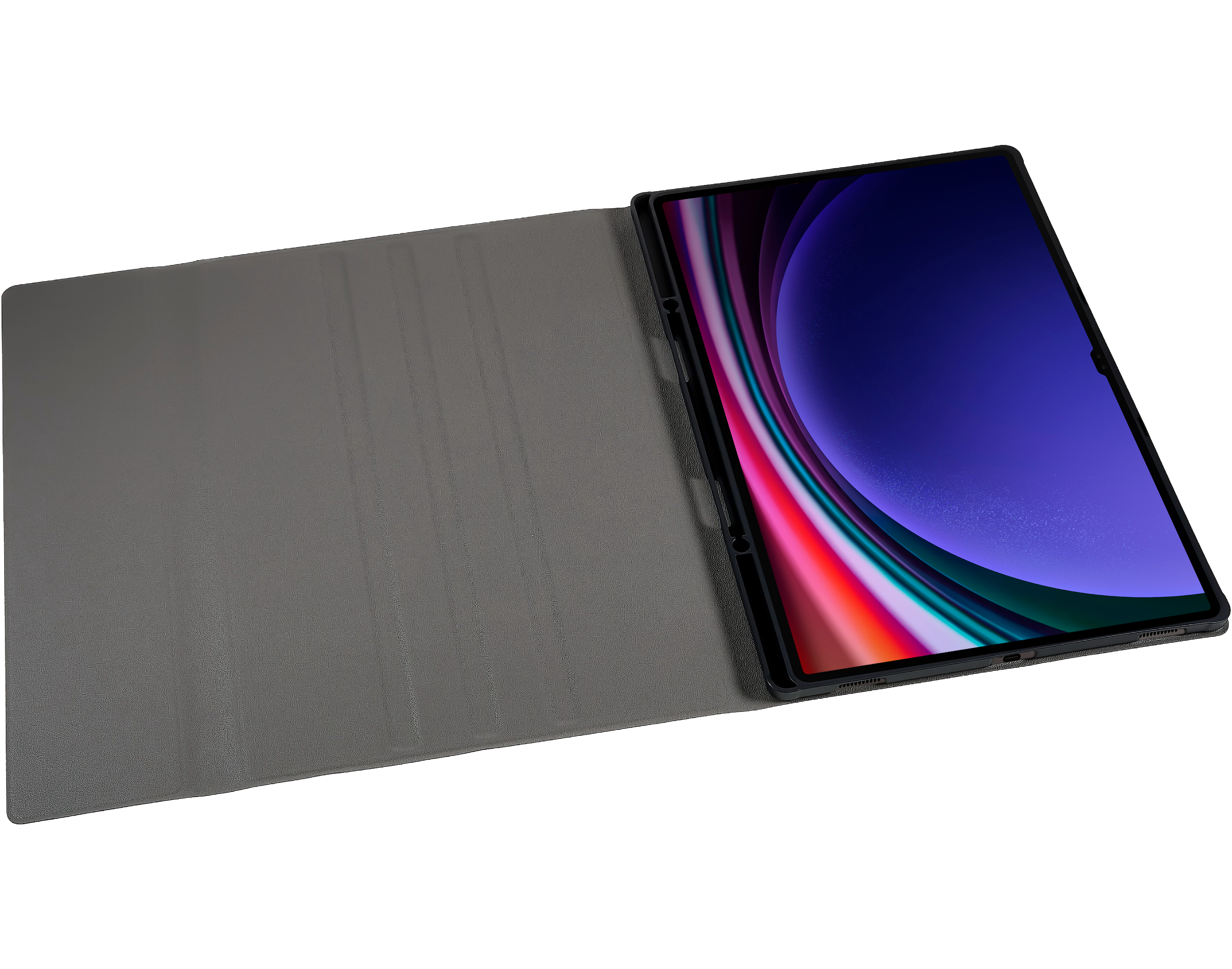 Tablet in einem grauen Case. Der Bildschirm zeigt ein farbenfrohes Bild. Schwarzer Hintergrund.