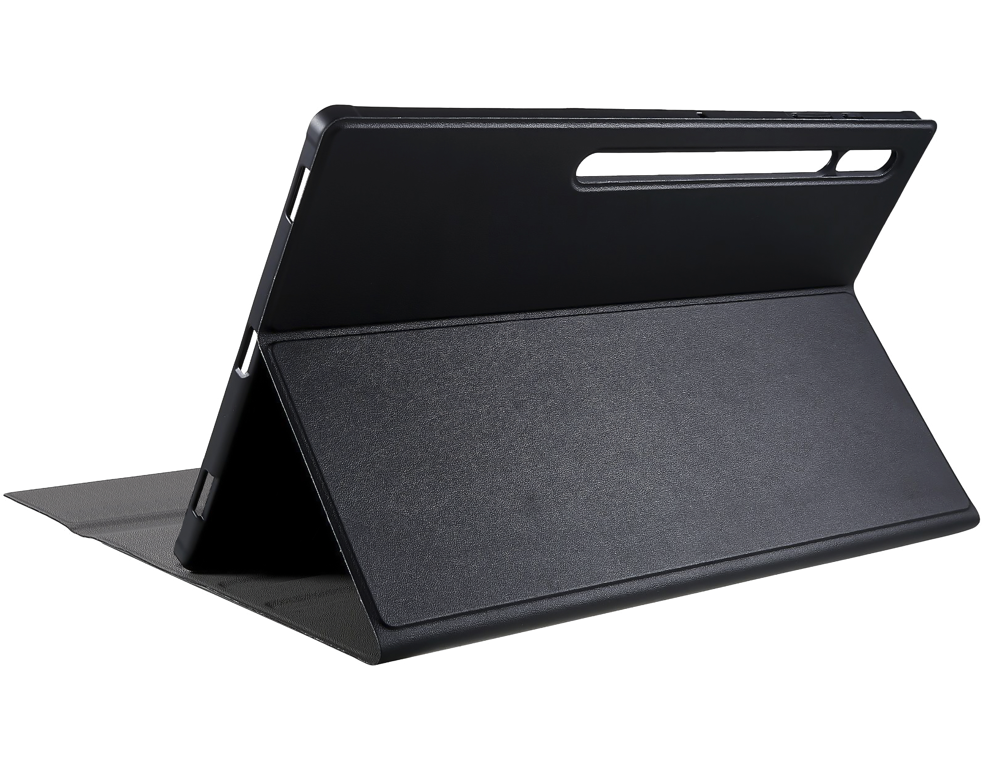 Eine schwarze Tablethülle, geöffnet und abgewinkelt. Das Tablet befindet sich darin auf weißem Hintergrund.
