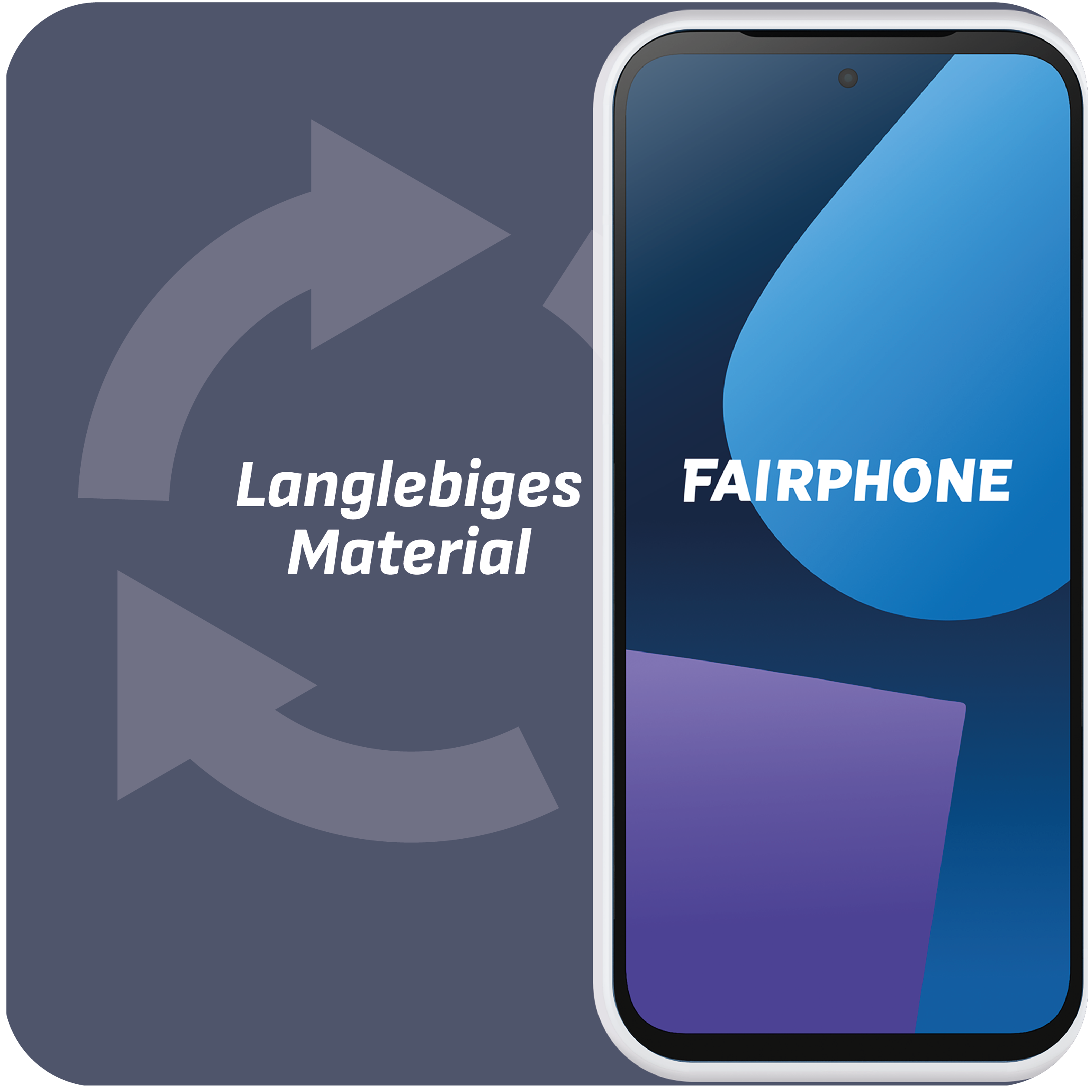 Fairphone mit Text 'Langlebiges Material' und Pfeilen. Blauer Tropfen auf dem Bildschirm.