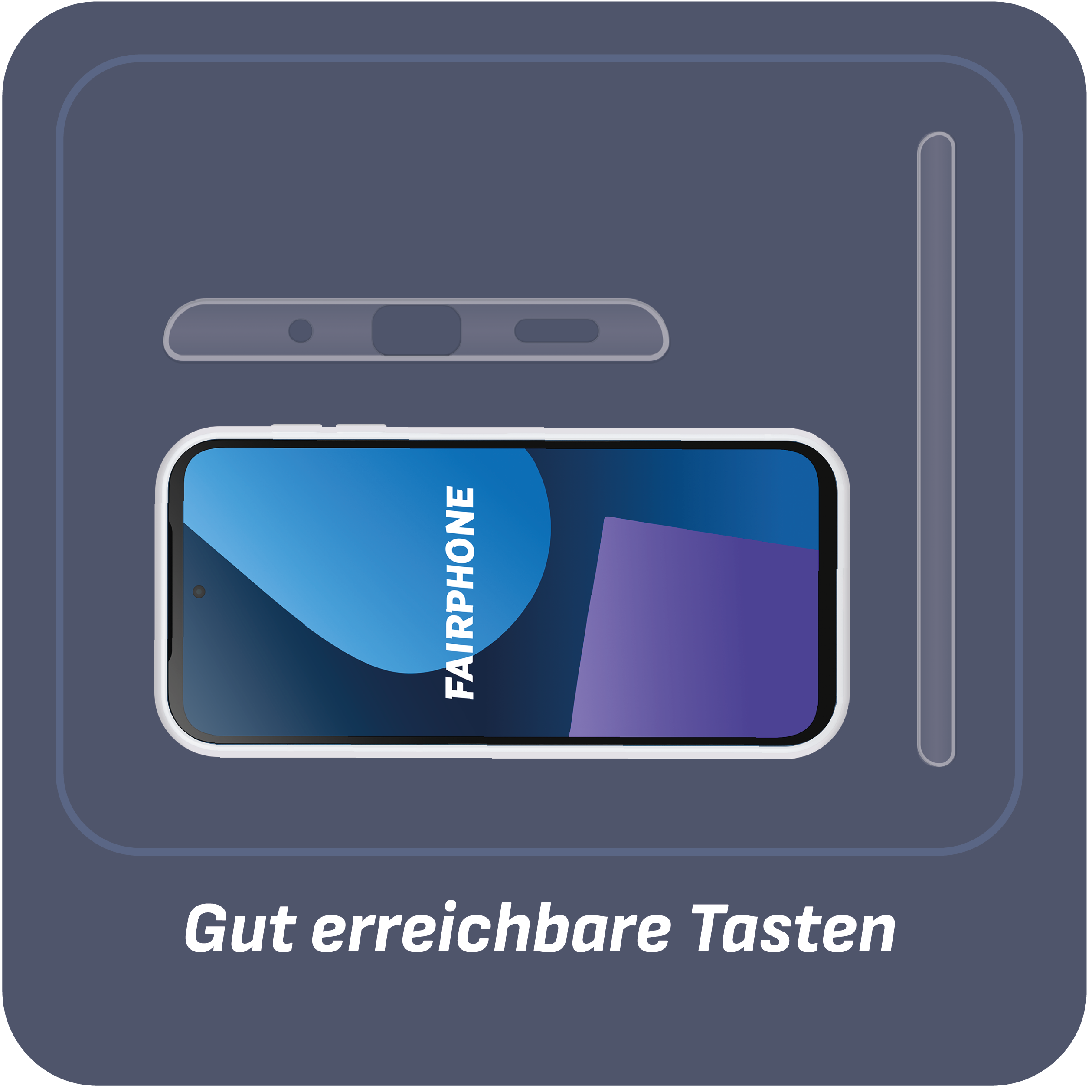 Ein Fairphone-Smartphone und eine Hülle. Es ist weiß mit blauem Bildschirm.