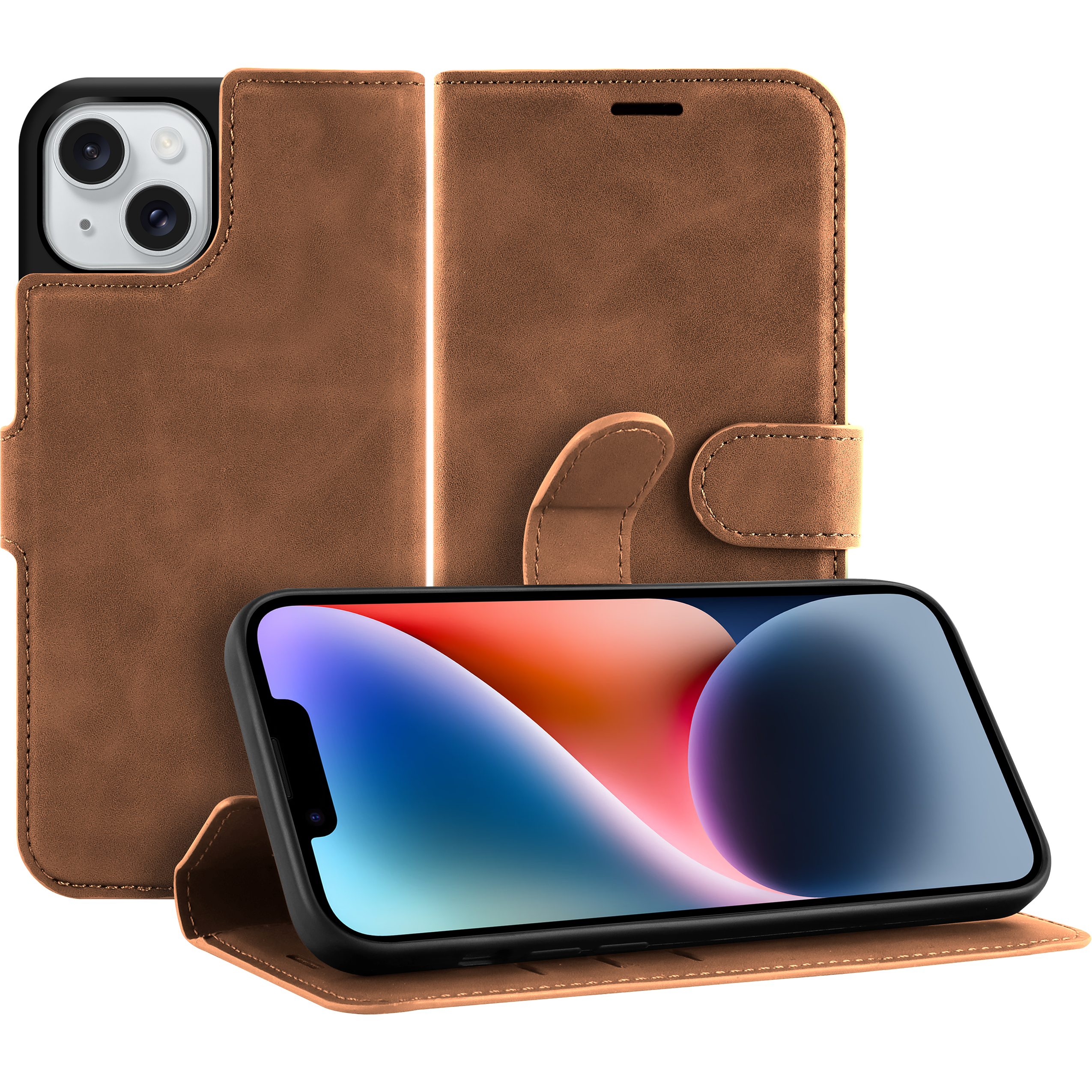 Eine braune Leder-Handyhülle mit geöffnetem Telefon.
