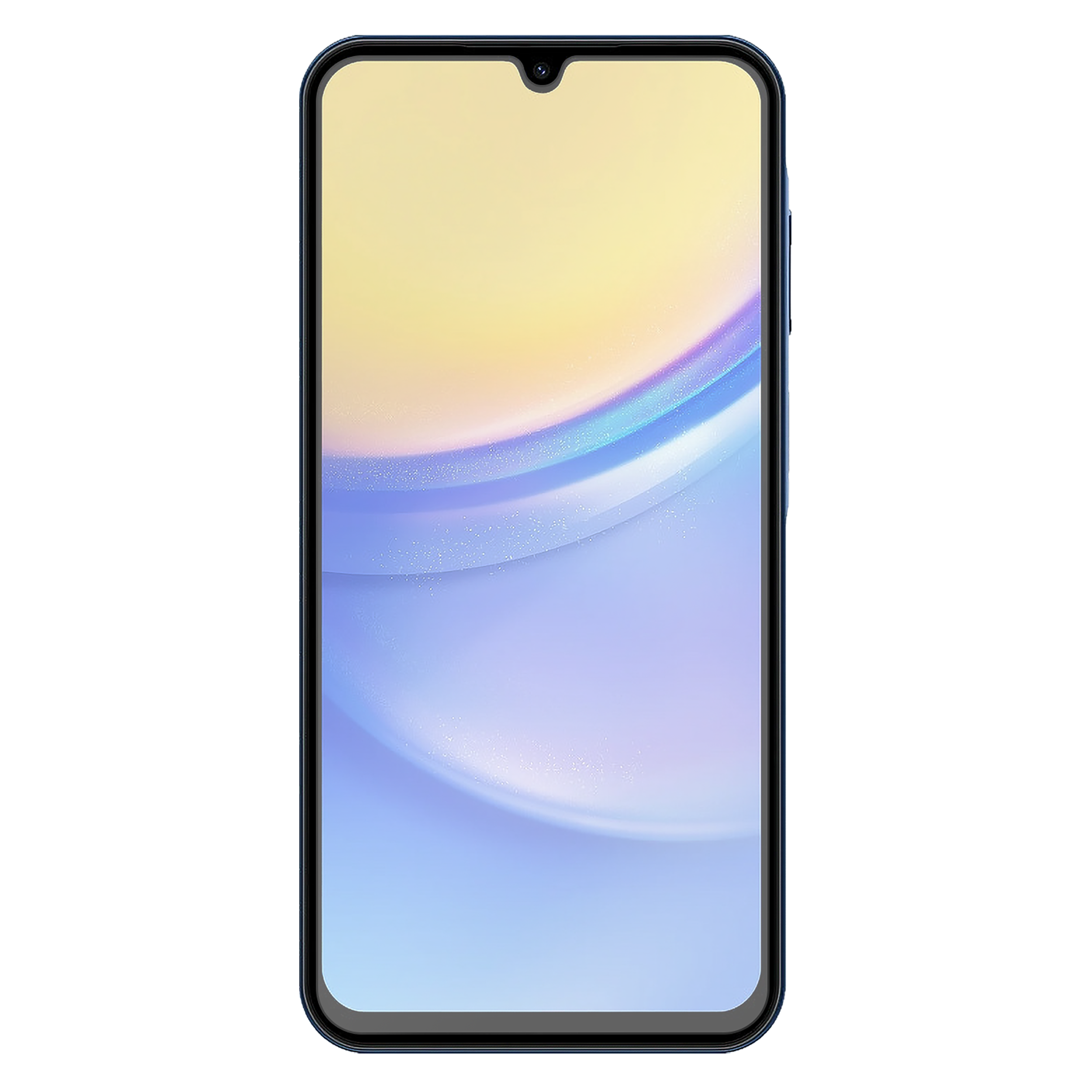 Ein blaues Smartphone mit gelbem und blauem Display. Es hat eine Tropfenkerbe für die Frontkamera.