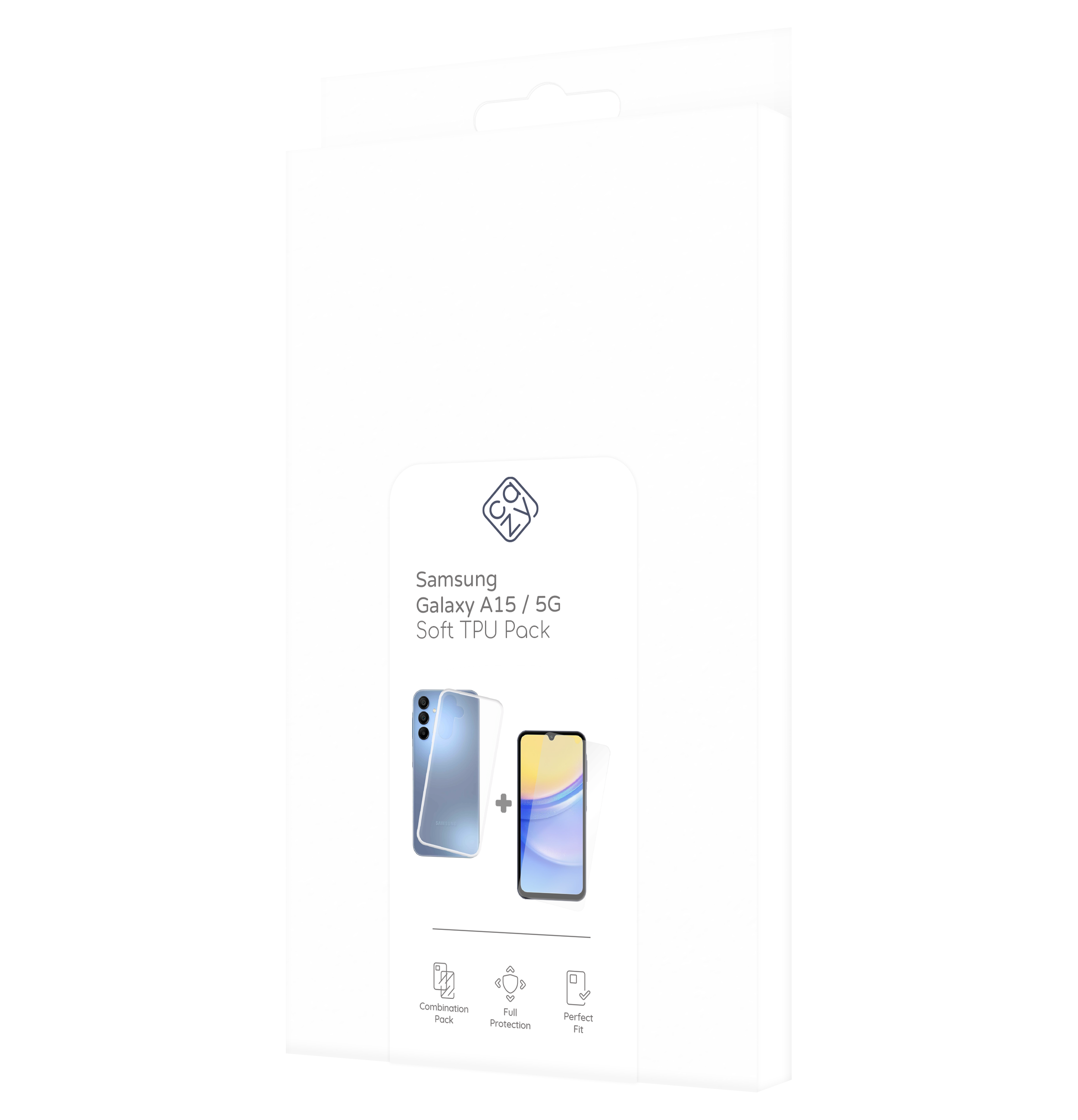 Weiße Box mit Telefon- und Displayschutzbild, und Text.