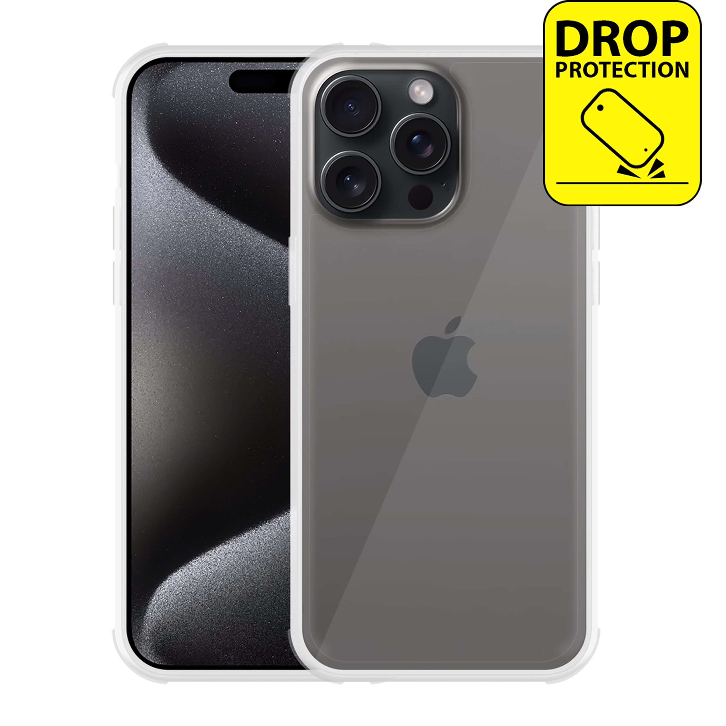 Ein iPhone mit einer transparenten Hülle, neben einem Aufkleber für Sturzschutz. Der Hintergrund ist schwarz.