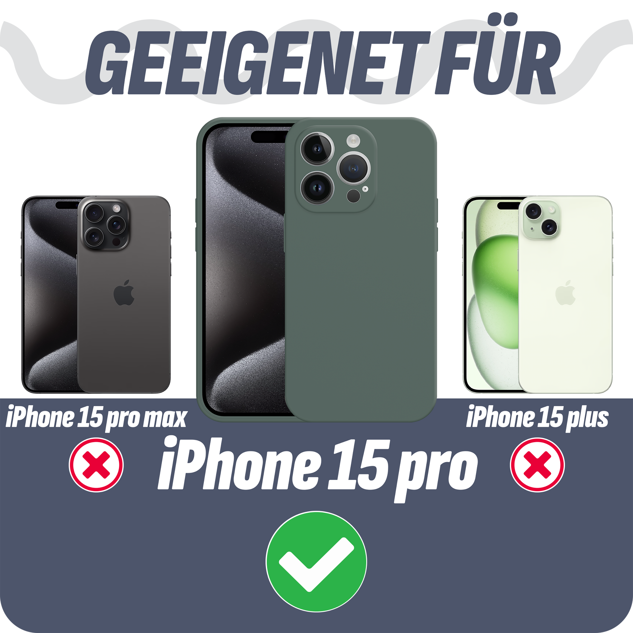 Bild zeigt drei Telefone und Text, der die Kompatibilität der Hülle mit iPhone 15 Pro Max und iPhone 15 Plus angibt.