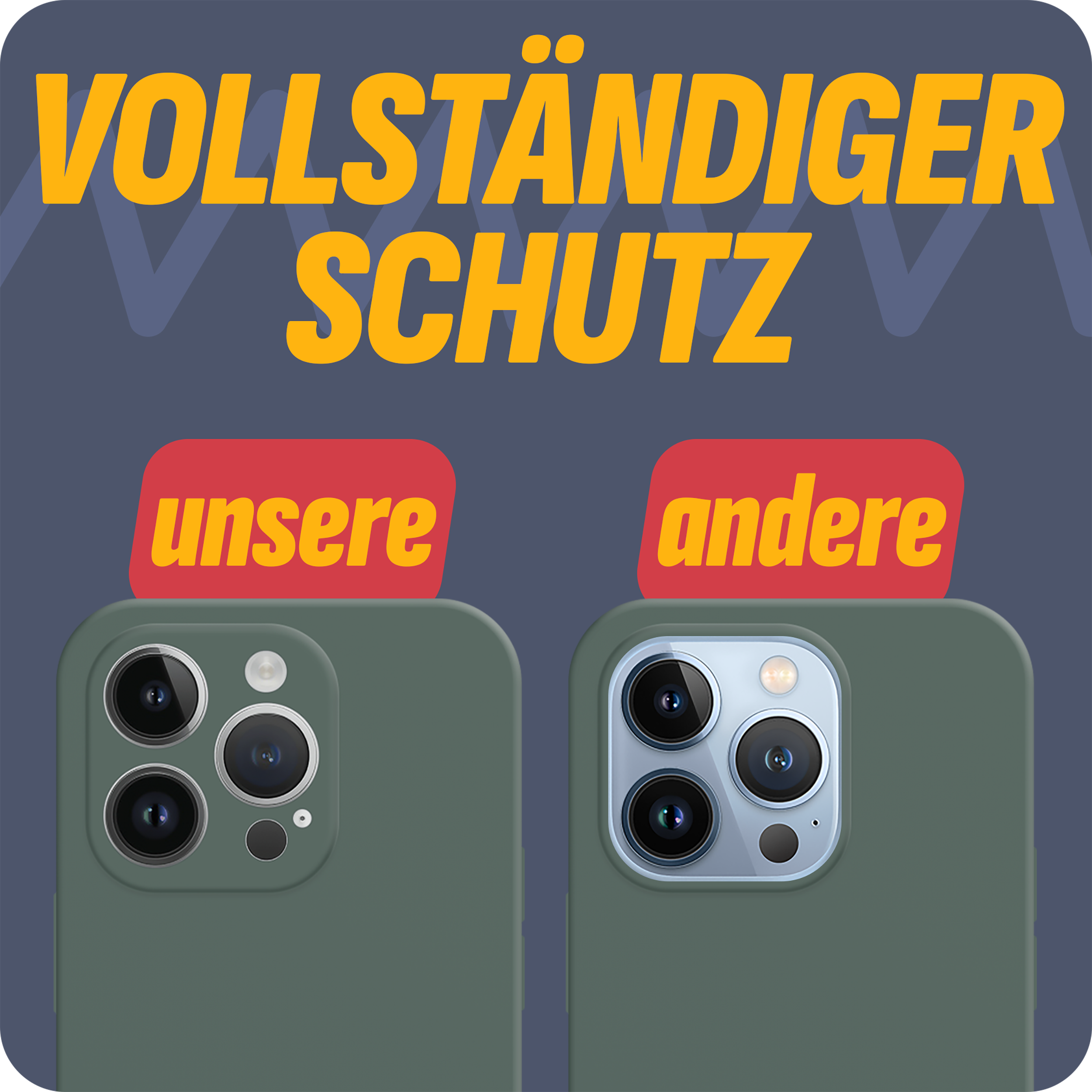 Zwei Handyhüllen, eine grün, eine weiß. Text: 'Vollständiger Schutz'. Der Hintergrund ist blau.