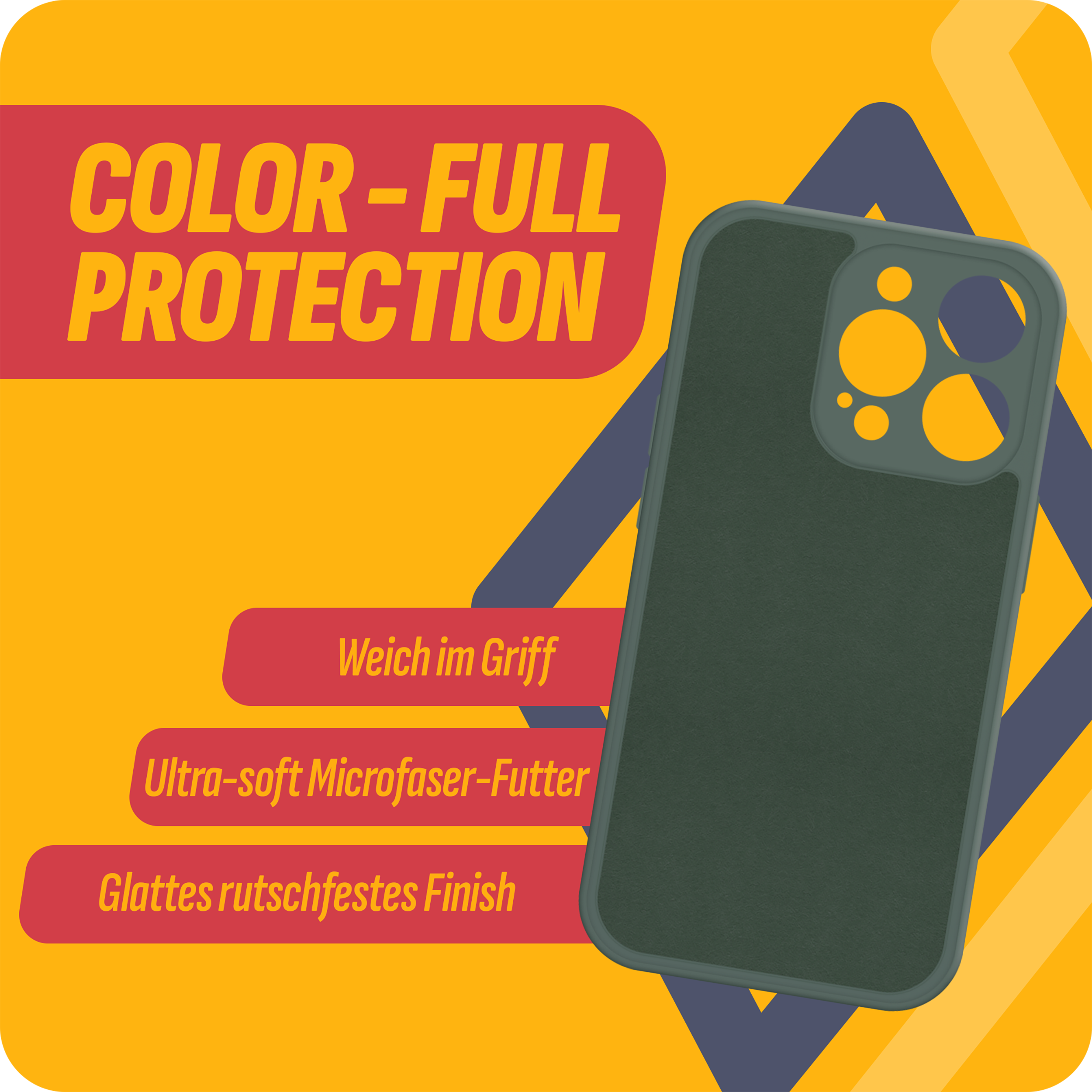 Grüne Handyhülle mit Text „Color-Full Protection“ und weiteren Merkmalen.