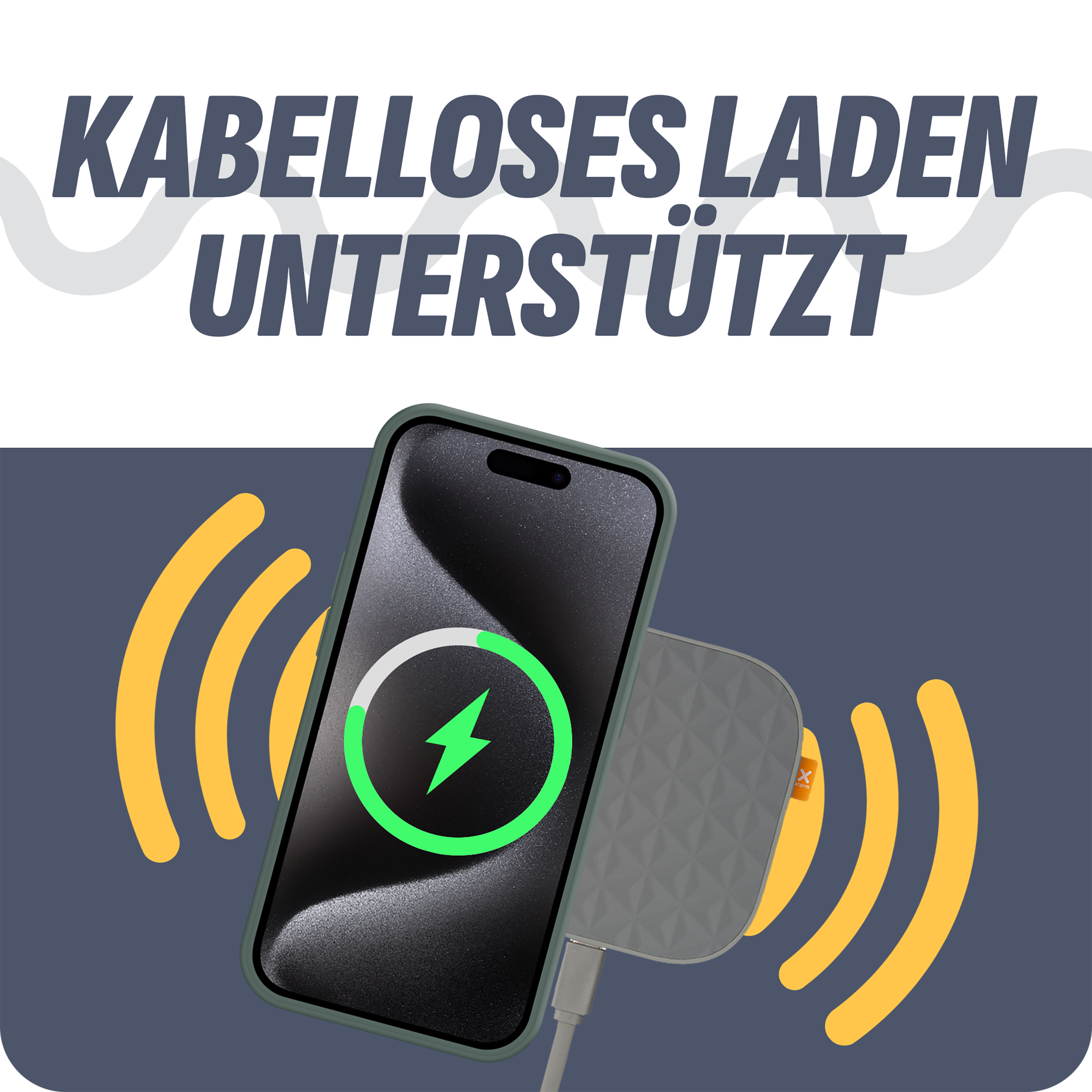 Ein Smartphone auf einer kabellosen Ladestation, das eine Ladeanzeige zeigt. Gelbe Wellensymbole umgeben es.