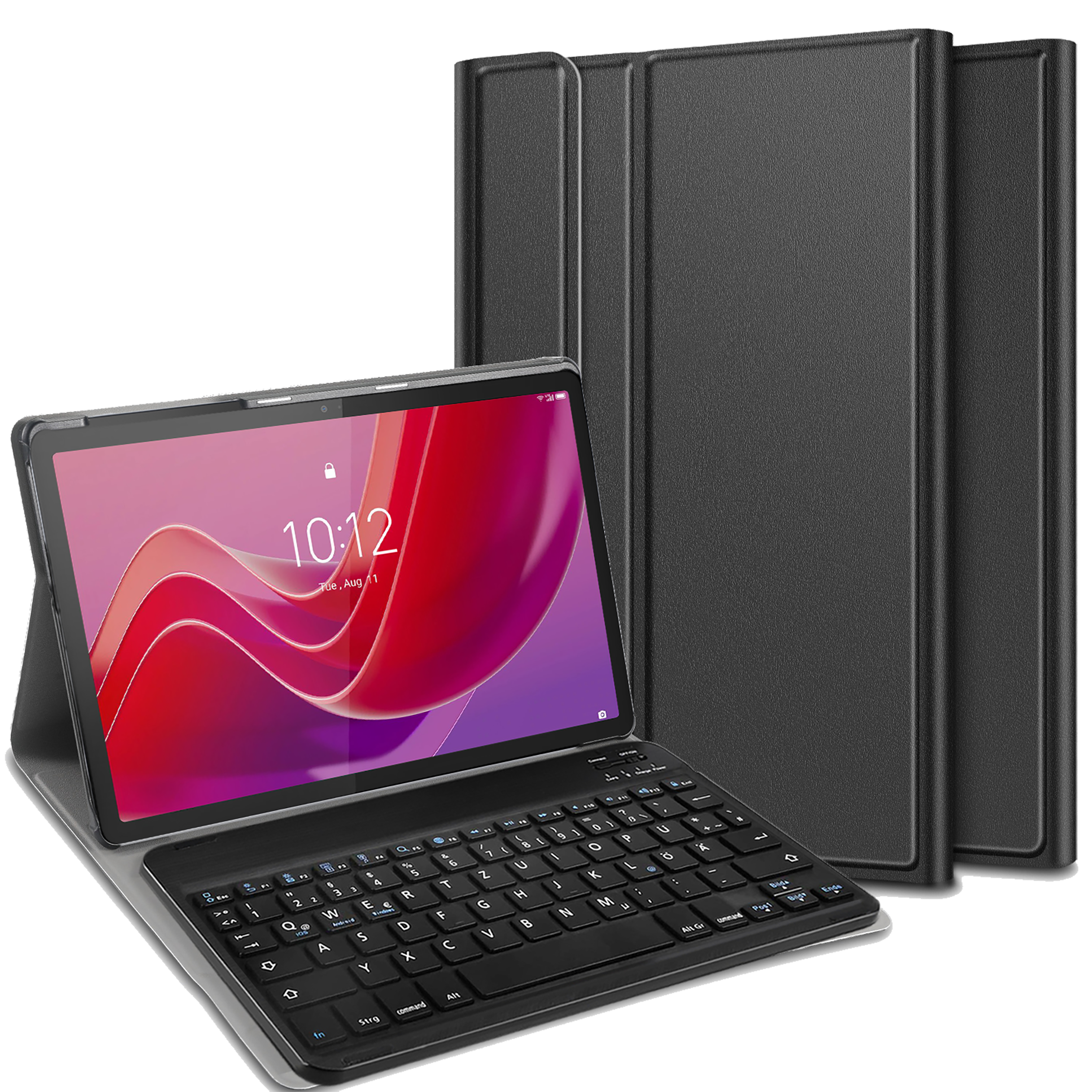Tablet mit Tastaturhülle. Tablet zeigt Uhrzeit und Datum an. Die Tastatur ist schwarz. Die Hülle ist ebenfalls schwarz.