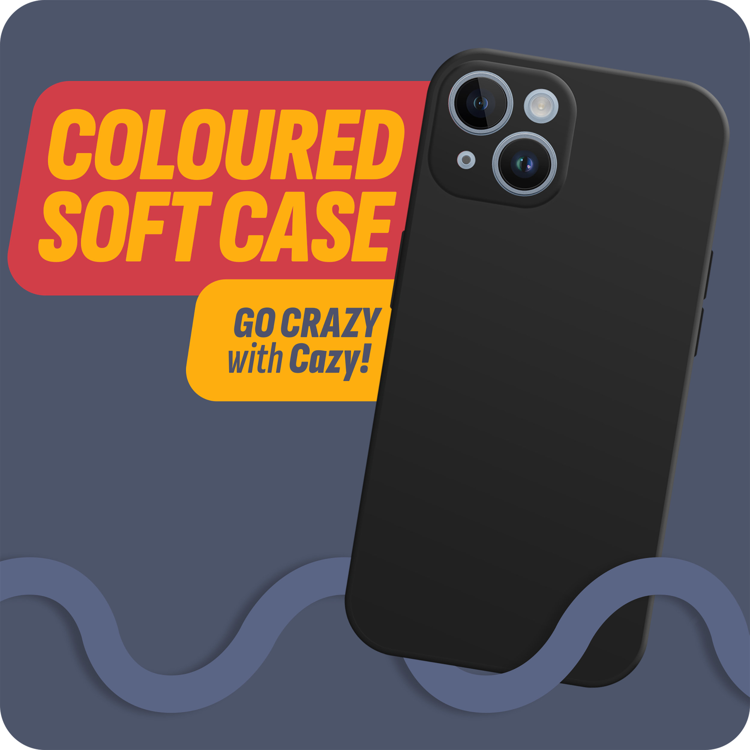 Schwarze Handyhülle mit Kameras. Text: Colored Soft Case, Go Crazy with Cazy!