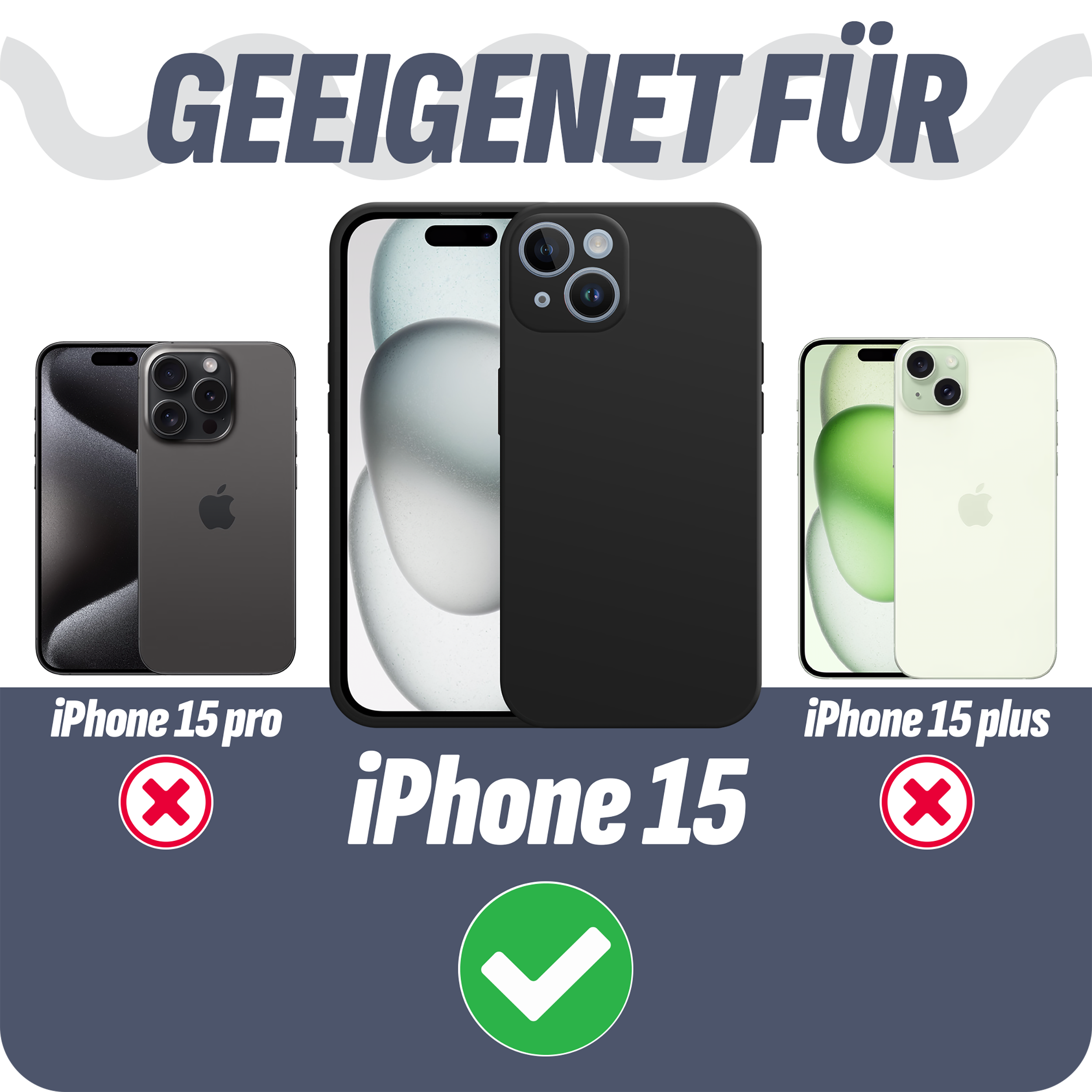 Handyhüllen-Optionen für iPhone 15, iPhone 15 Pro und iPhone 15 Plus.