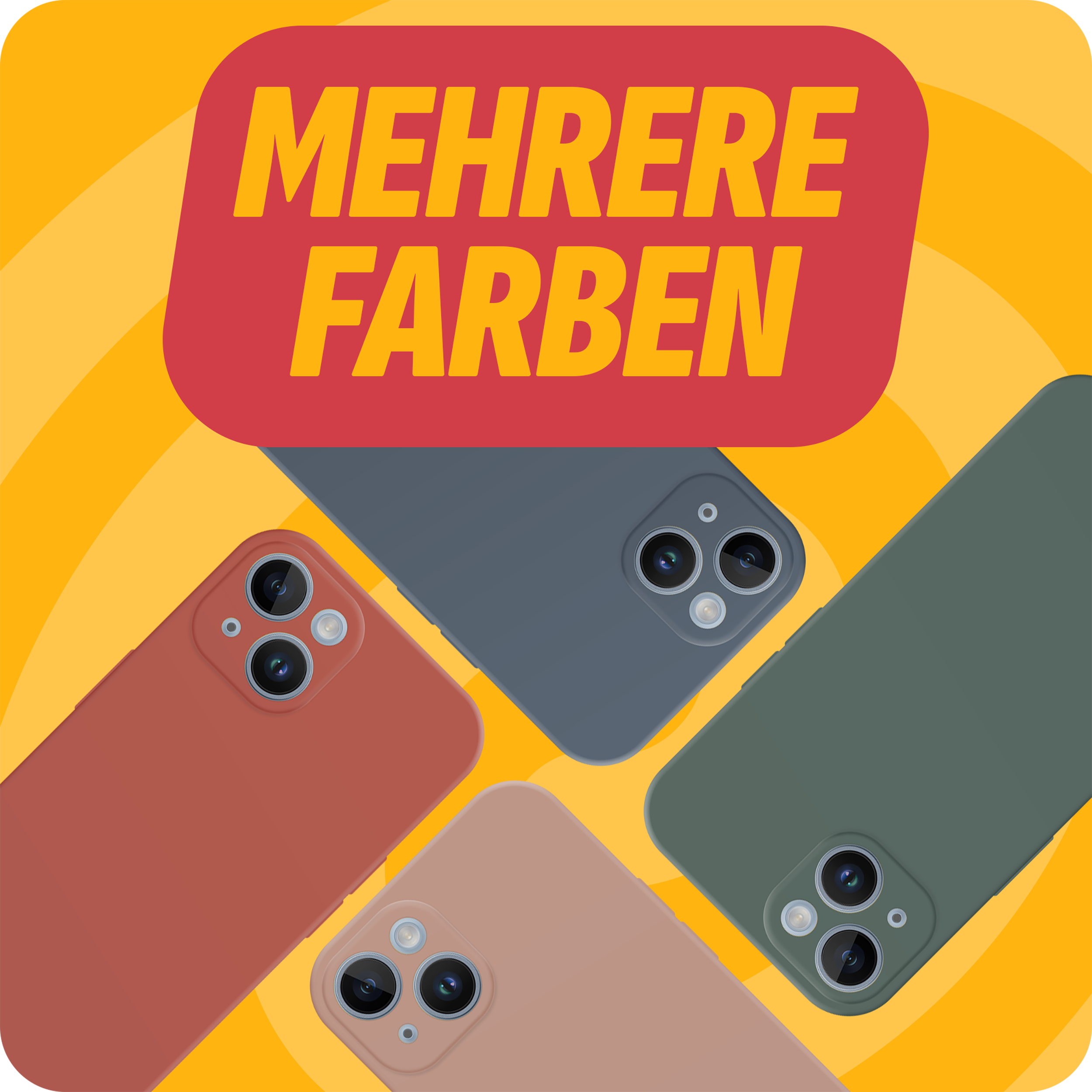 Handyhüllen in verschiedenen Farben auf gelbem Hintergrund, mit Text.