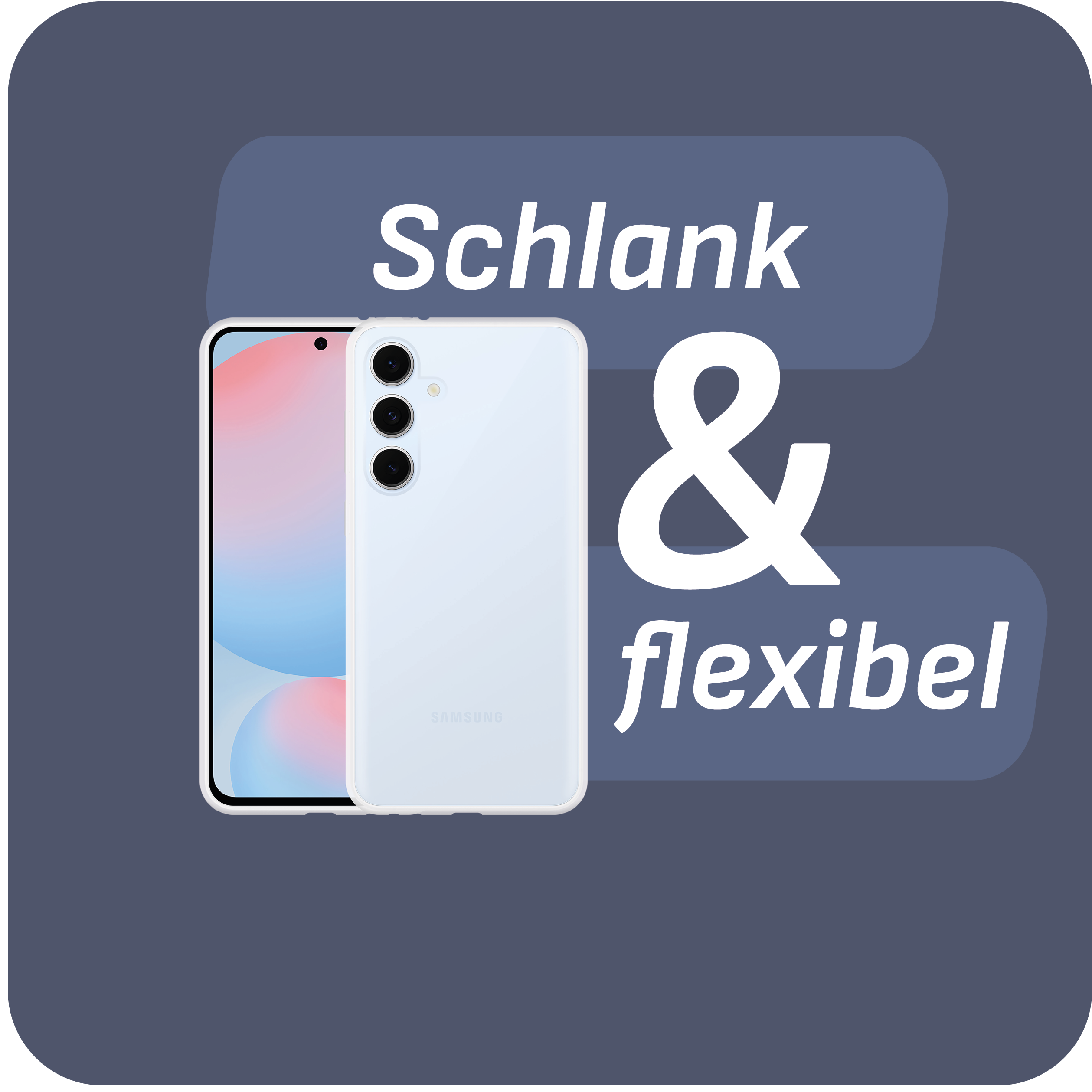 Ein weißes Telefon mit blauem Rückcover und dem Text schlank & flexibel.