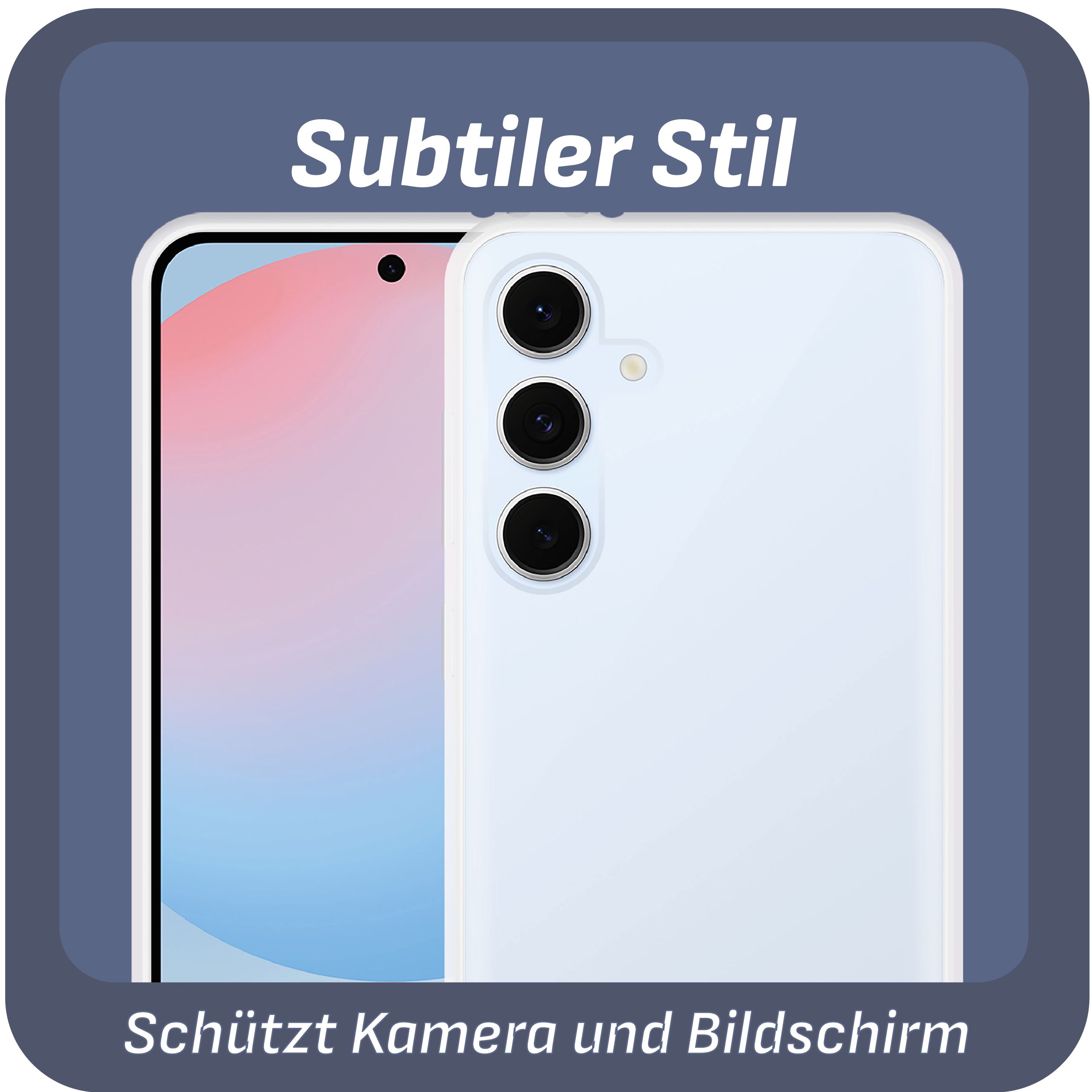 Ein Smartphone mit weißer Rückseite und blauem Rahmen, innerhalb eines blauen Rahmens mit Text 'Subtiler Stil'.