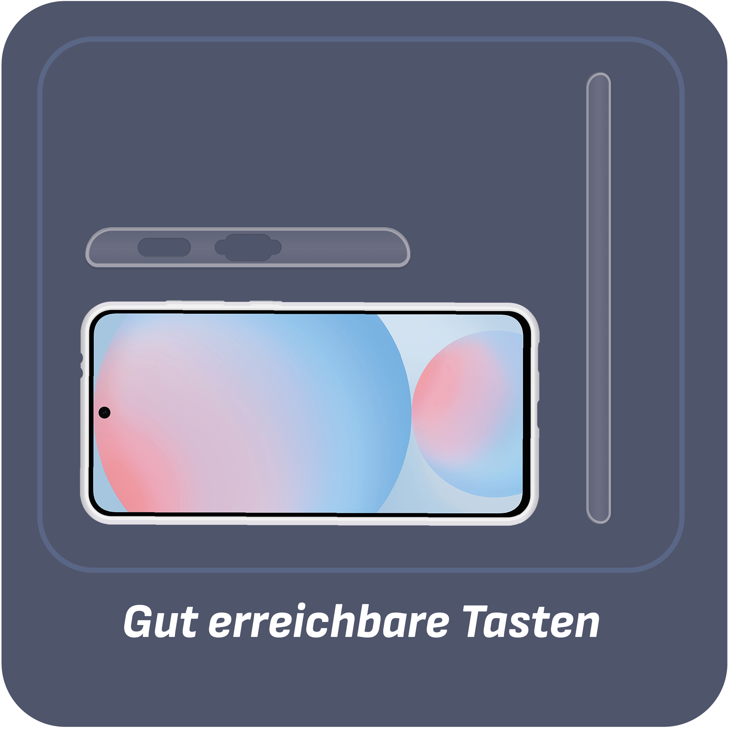 Ein Telefon mit eingeschaltetem Bildschirm, Hülle und Displayschutz auf grauem Hintergrund.