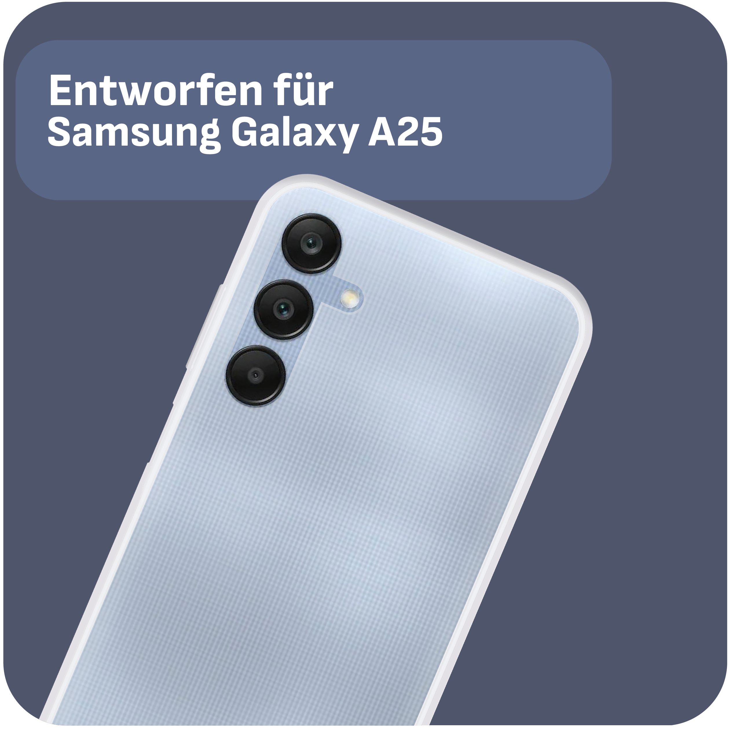 Ein hellblaues Telefon mit drei Kameras. Die Rückseite ist weiß.