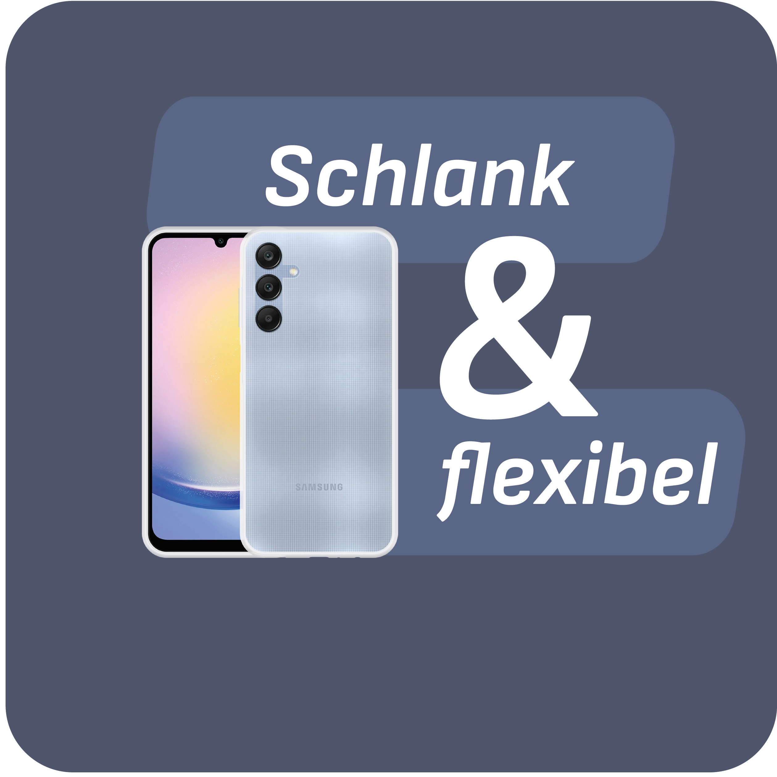Ein hellblaues Telefon neben der Handyhülle. Der Hintergrund ist dunkelblau. Der Text beschreibt das Telefon.