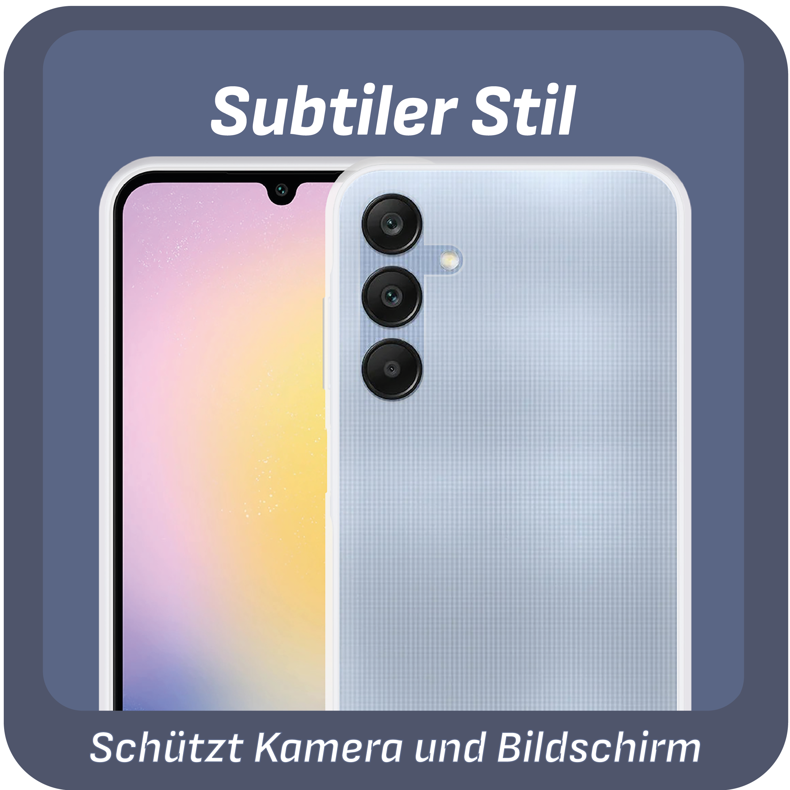 Ein hellblaues Smartphone mit Dreifachkamera-Setup in einem blauen Rahmen, mit Text.