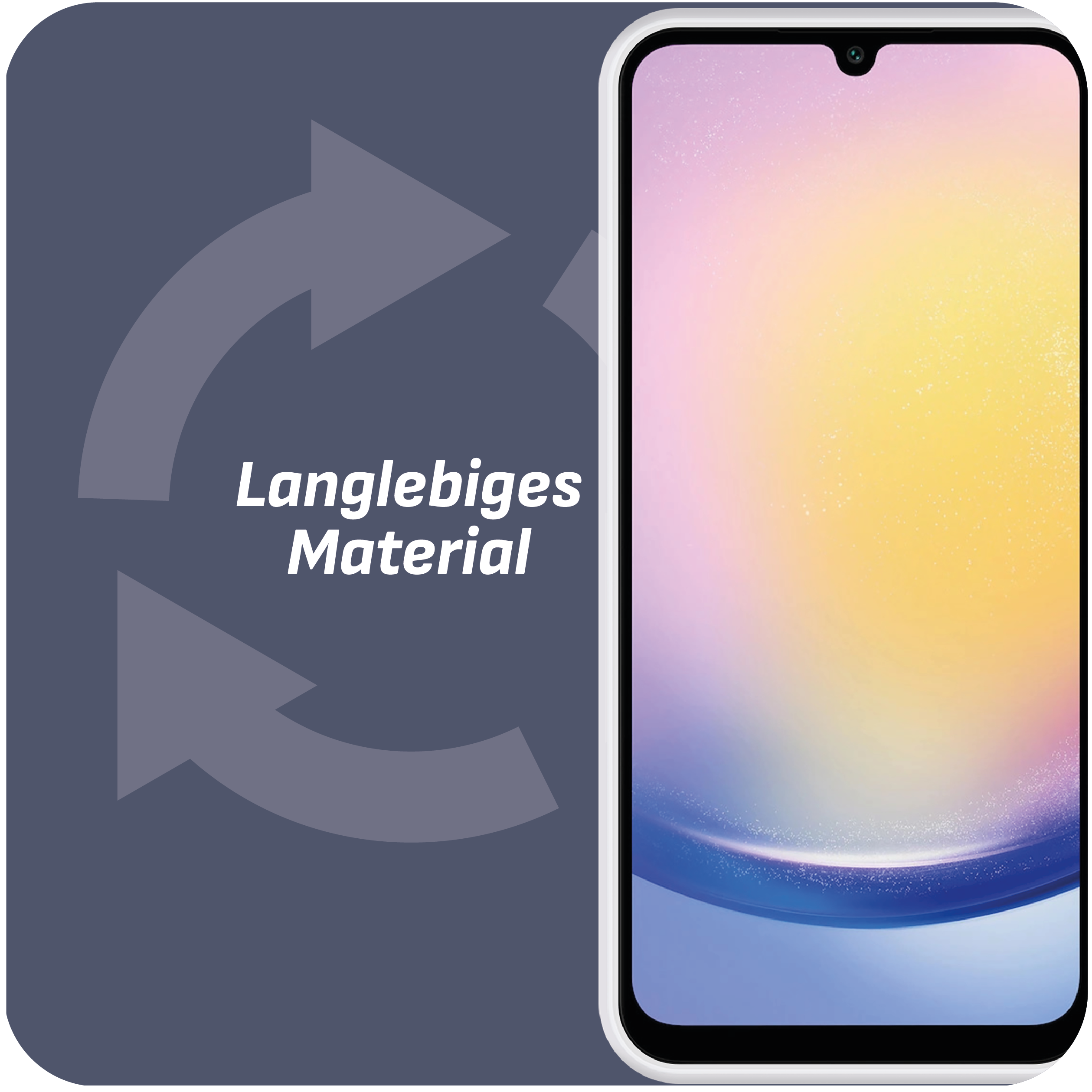 Telefon mit Farbverlaufsbildschirm. Graue Pfeile und Text 'Langlebiges Material' auf dunkelblauem Hintergrund.