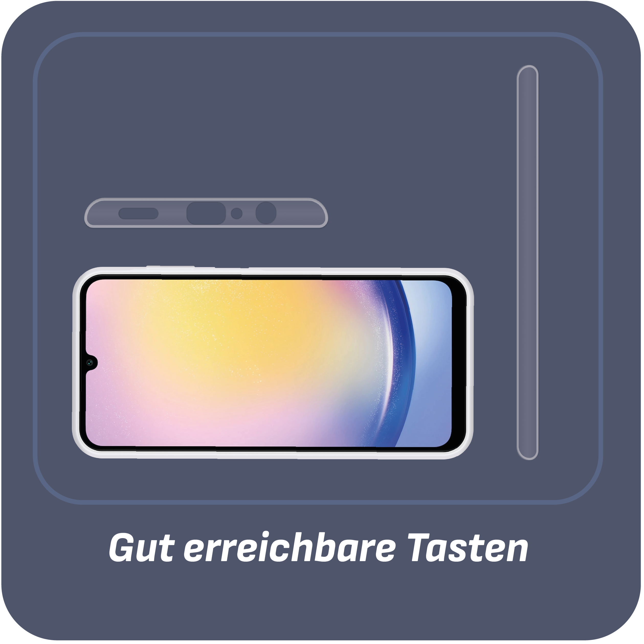 Ein Smartphone mit weißem Gehäuse, gelb-rosa Bildschirm und blauem Rahmen.