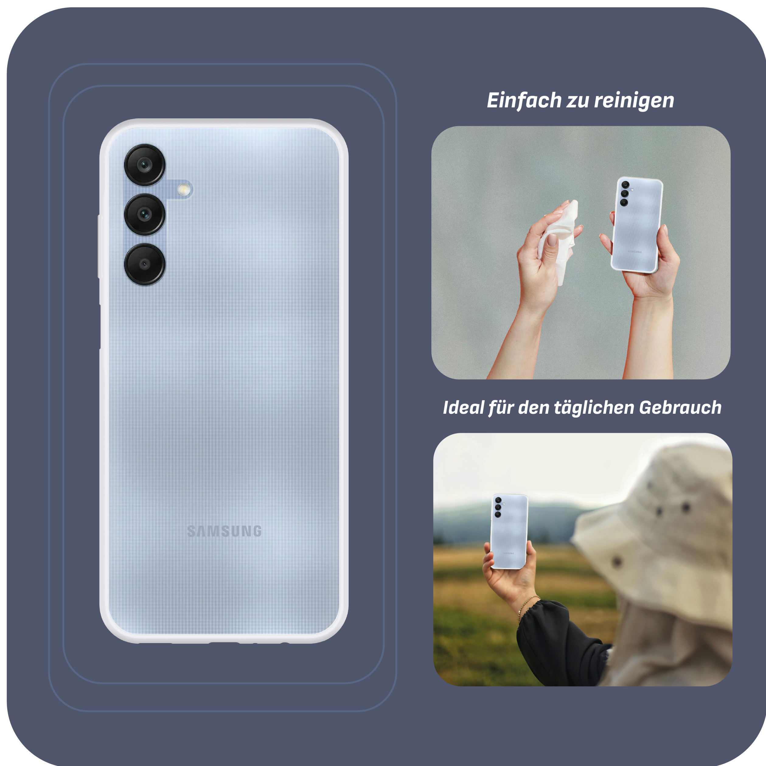 Ein hellblaues Telefon mit drei Kameras. Das Bild zeigt, wie man das Telefon reinigt. Text: Einfach zu reinigen.