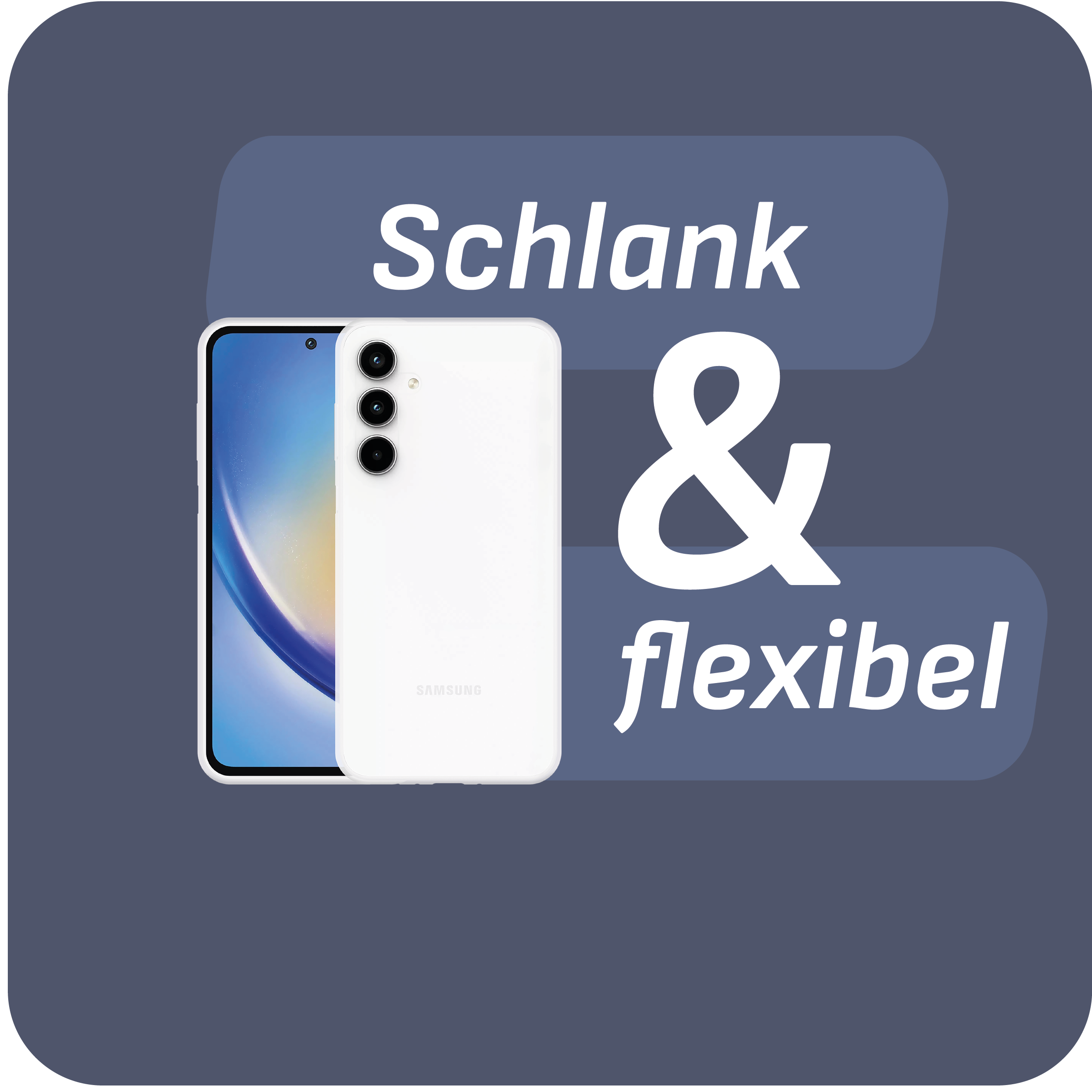 Smartphone mit weißer Hülle. Text: Schlank & flexibel. Blauer Hintergrund.