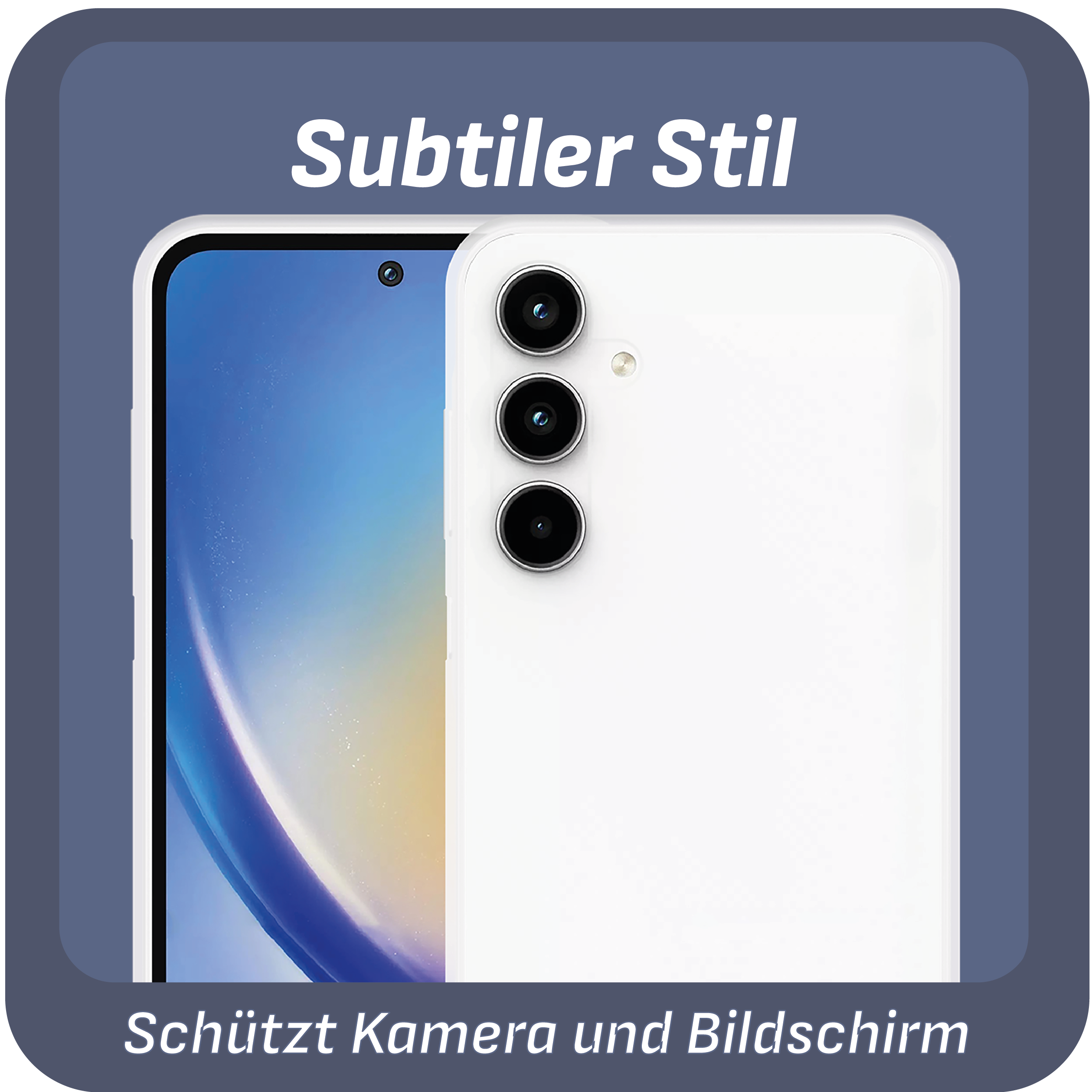 Weißes Telefon mit Hülle, schwarzer Rahmen. Text: Subtiler Stil, Schützt Kamera und Bildschirm.