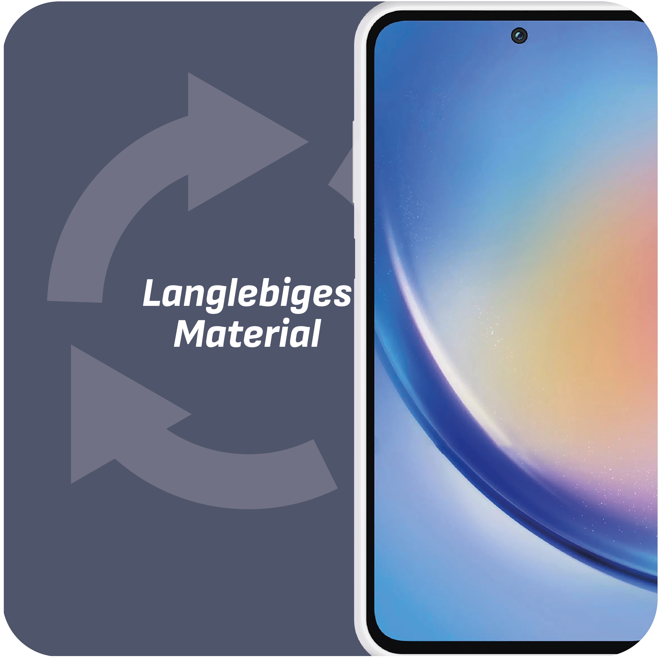 Telefonbildschirm mit Text 'Langlebiges Material' und Pfeilen, neben einem weißen Rahmen.