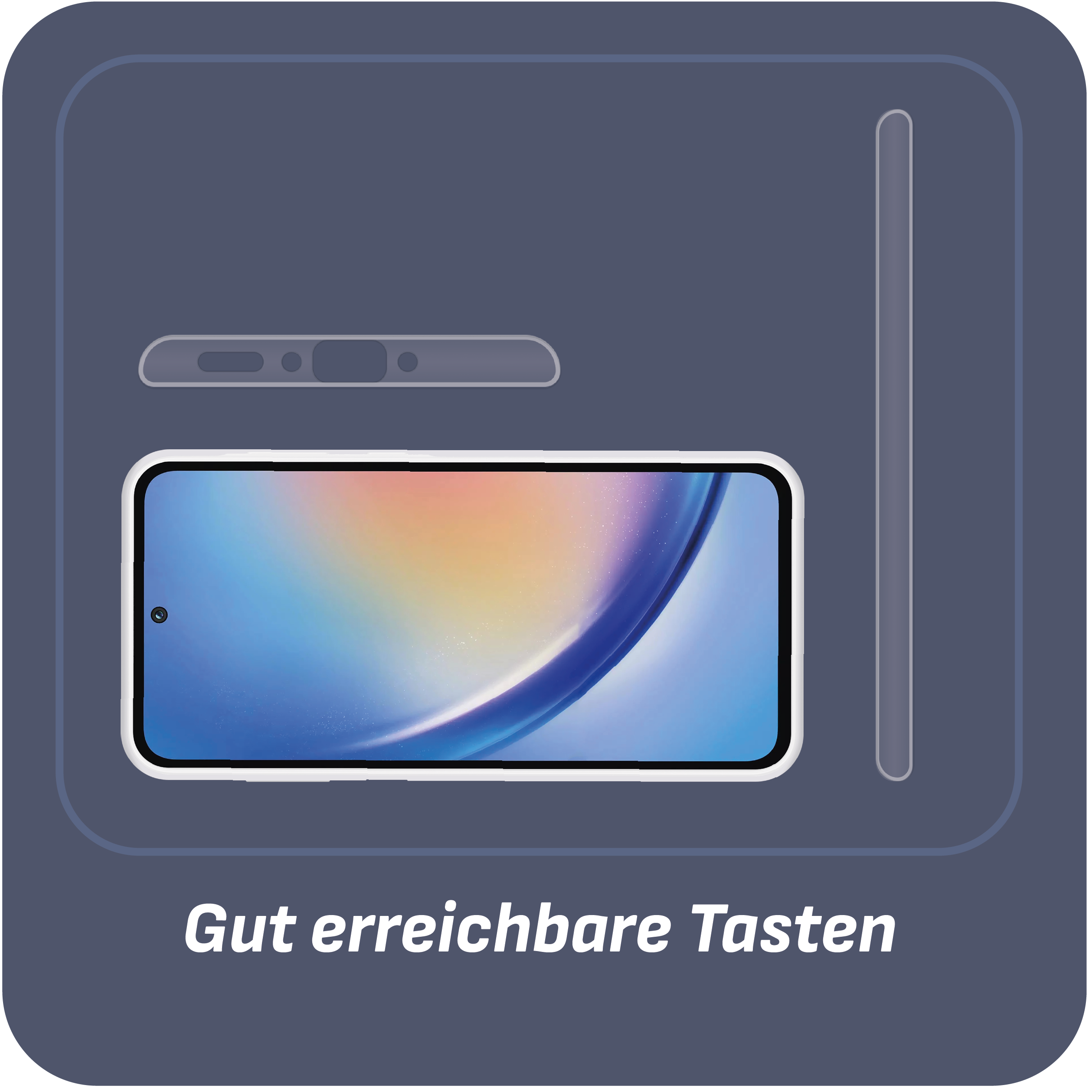 Telefon im Gehäuse. Umrisse der Telefontasten. Blau-orangener Hintergrund.