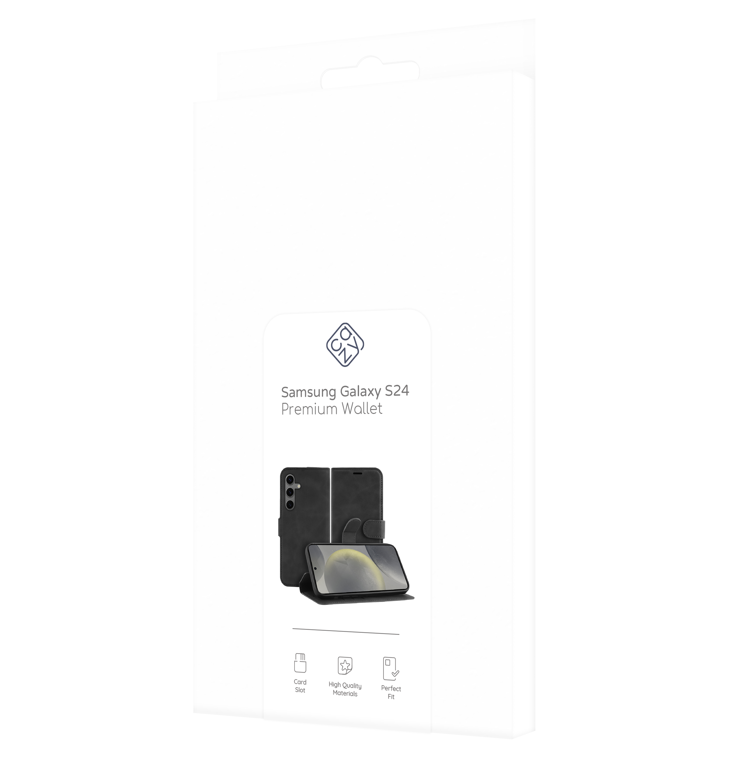 Weiße Schachtel mit einem Samsung Galaxy S24 Wallet Case auf der Vorderseite.