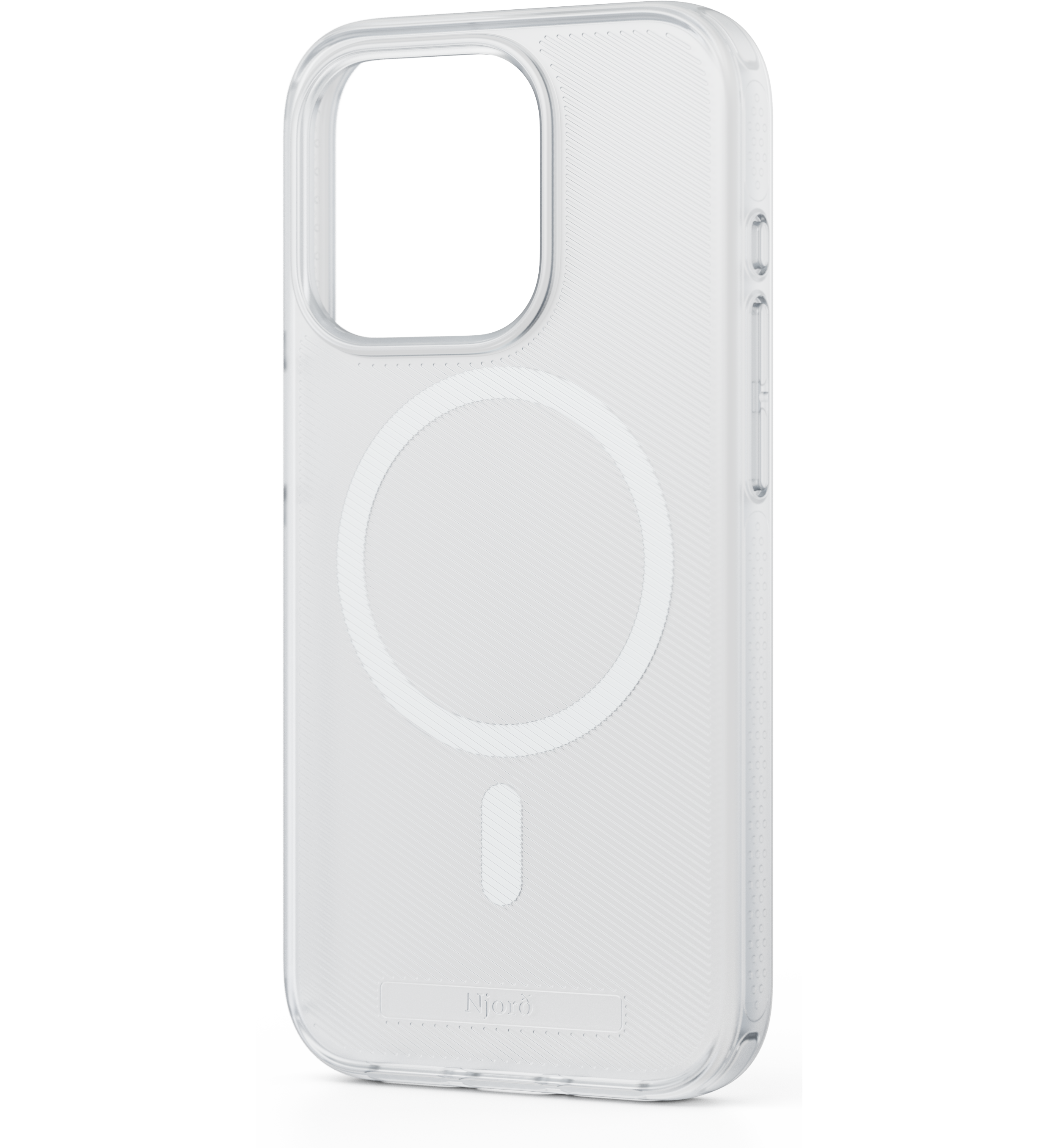 Una custodia trasparente per telefono con anello MagSafe e ritaglio per la fotocamera.