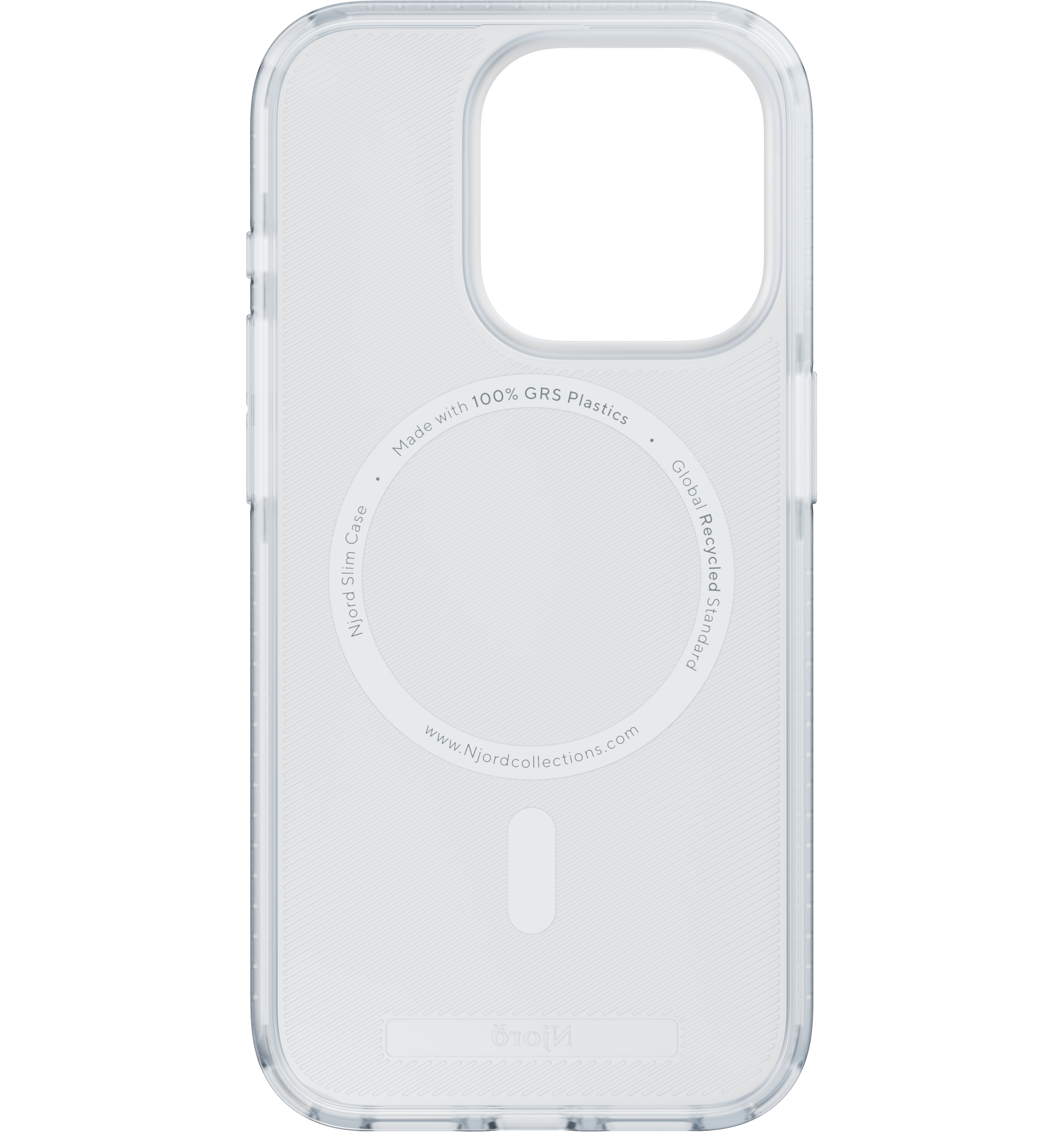 Custodia trasparente per iPhone con un cerchio bianco e testo. Ha un design trasparente e un bordo protettivo.